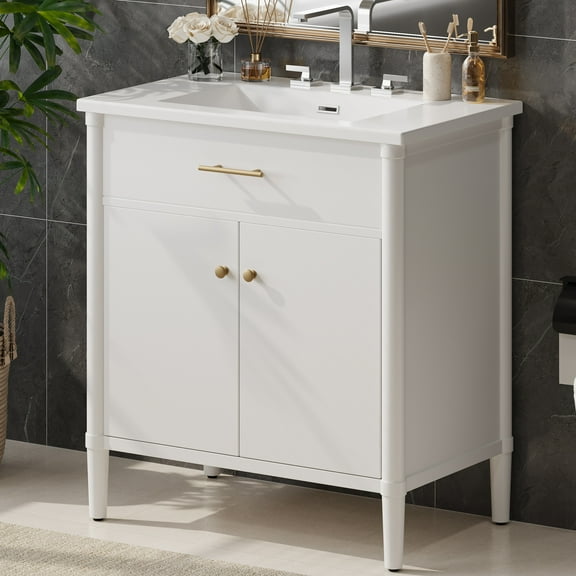 Euroco 31" Bathroom Vanity with Sink, Bathroom Cabinet with Soft Close Doors and Adjustable Shelf, Curved Profile Design, Rubber Wood Legs, White