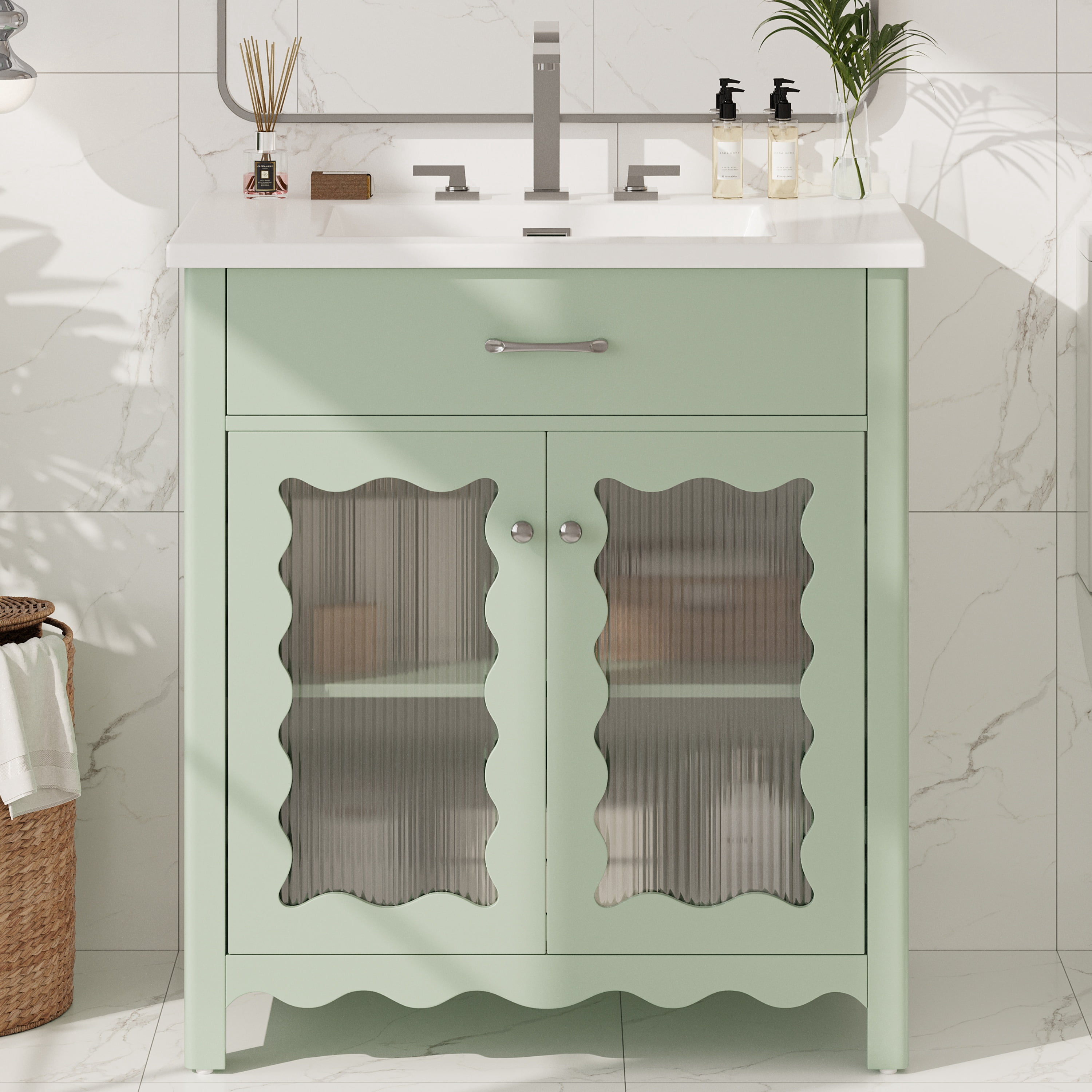 Euroco 31" Bathroom Vanity with Tempered Glass, Modern Bathroom Cabinet with Rubber Wood legs and Soft close Doors, Green