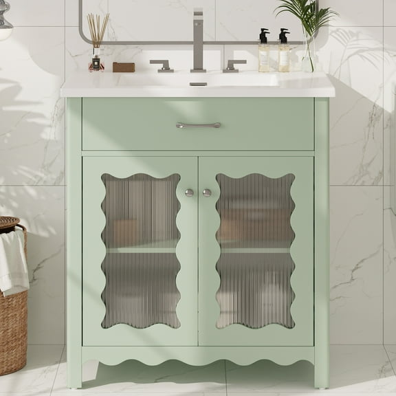 Euroco 31" Bathroom Vanity with Tempered Glass, Modern Bathroom Cabinet with Rubber Wood legs and Soft close Doors, Green