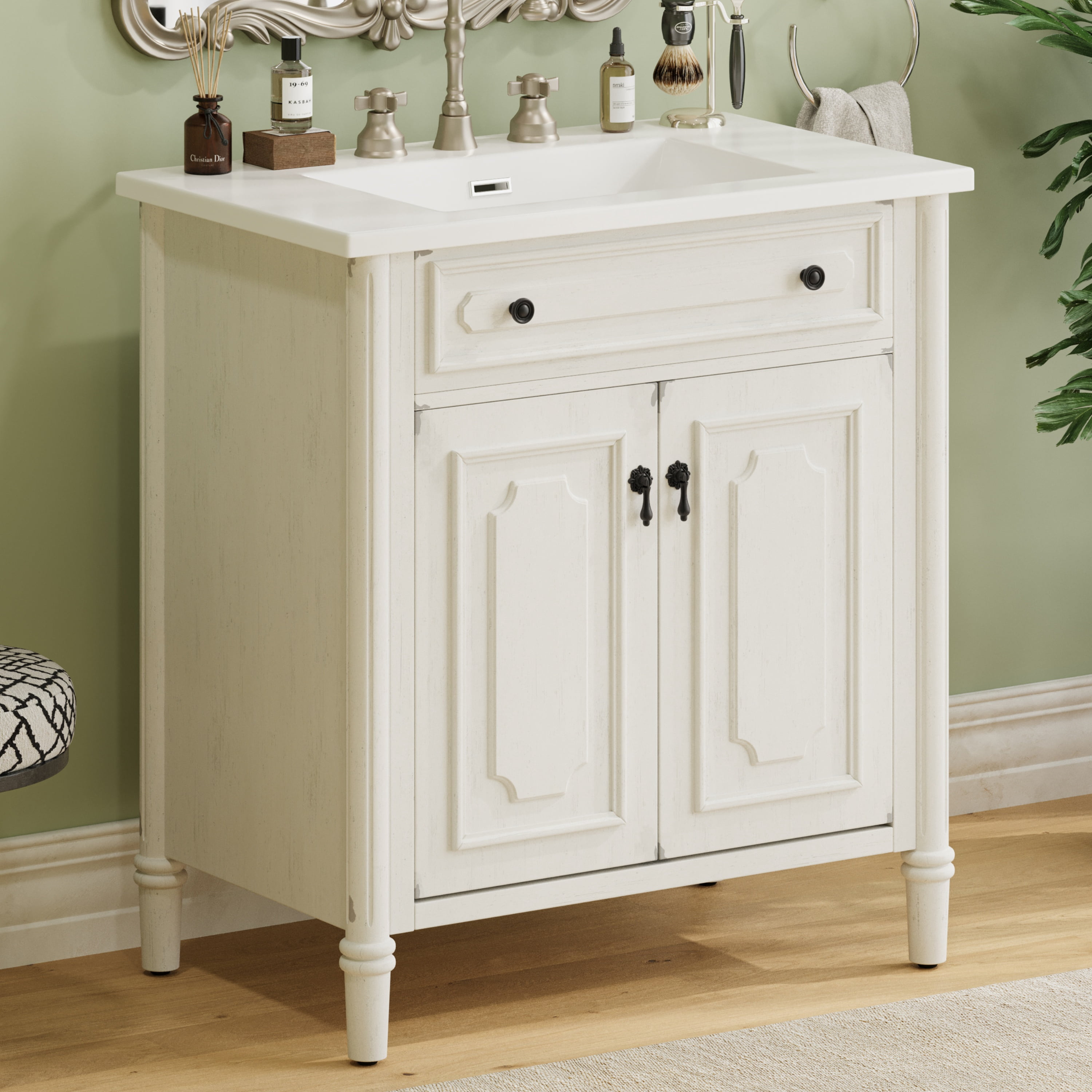 Euroco 31" Vintage Bathroom Vanity with Sink, Rustic Bathroom Cabinet with Soft Close Doors and Adjustable Shelf, Curved Profile Design, Rubber Wood Legs, White