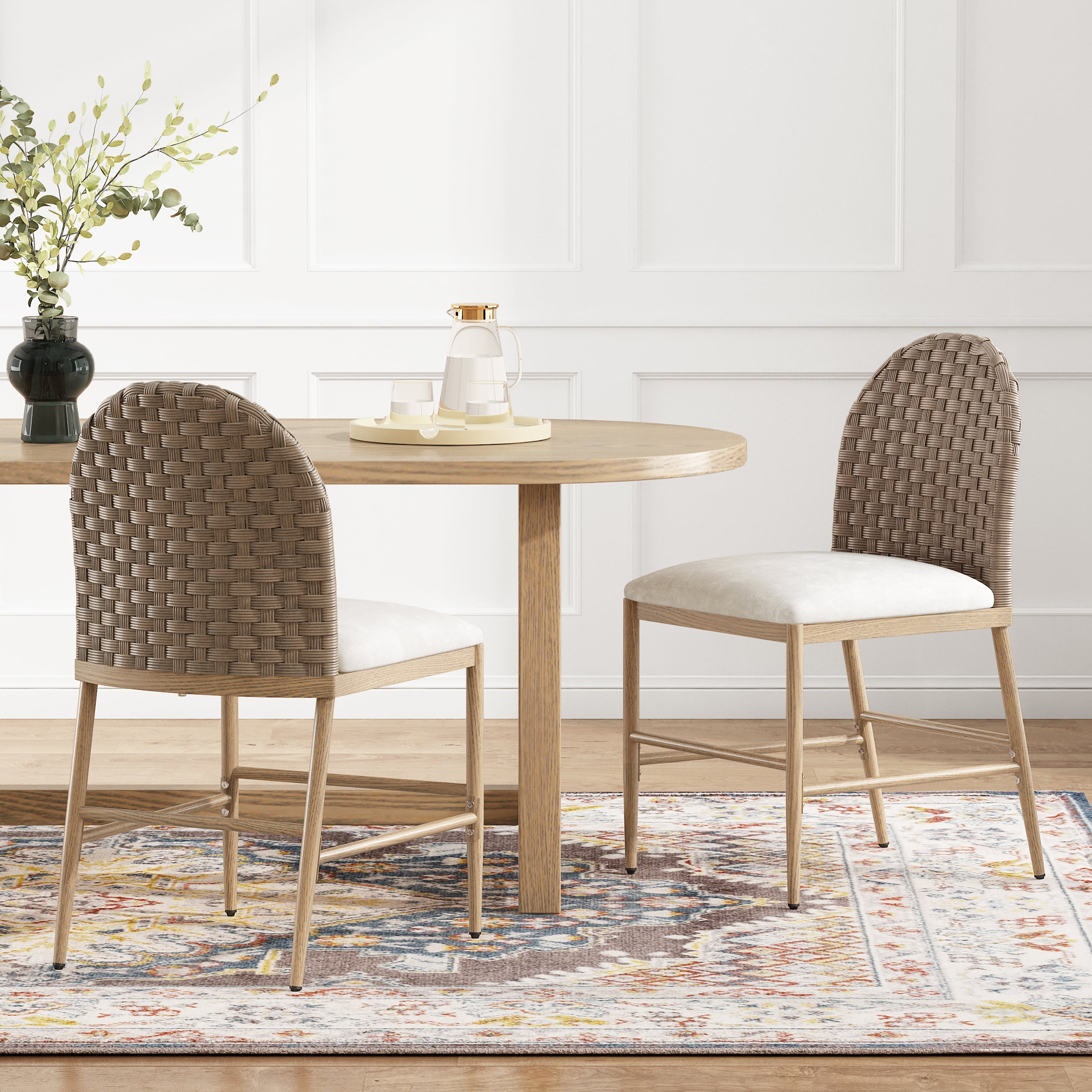 Euroco 33"H Upholstered Dining Chairs Set of 2, Farmhouse Kitchen Chairs with Rattan Backrest and Iron Frame,Armless Side Chairs for Living Room, Dining Room,Restaurant, Brown