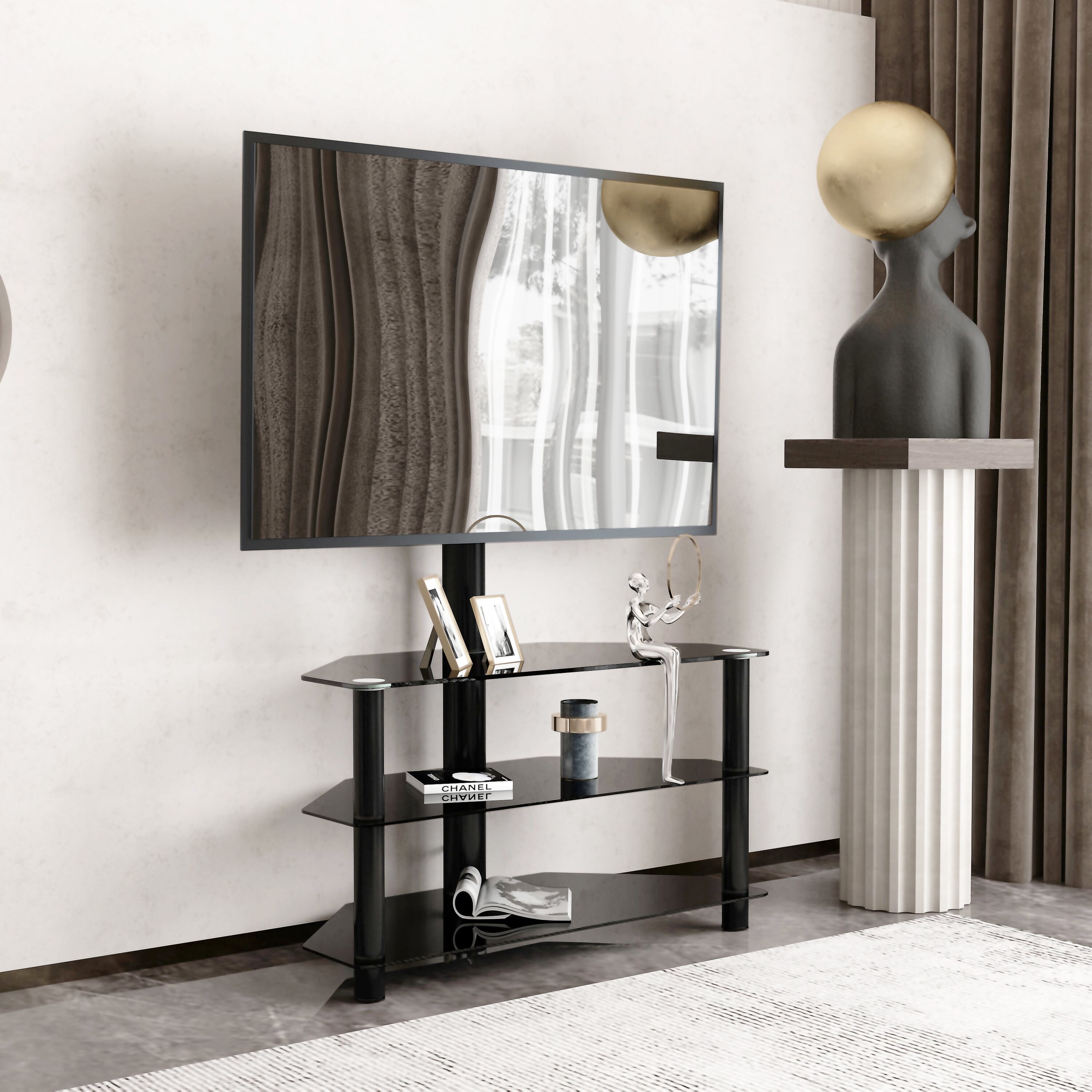 Euroco 35.4 inch Black Multi-function TV Stand Height Adjustable Bracket Swivel 3-Tier