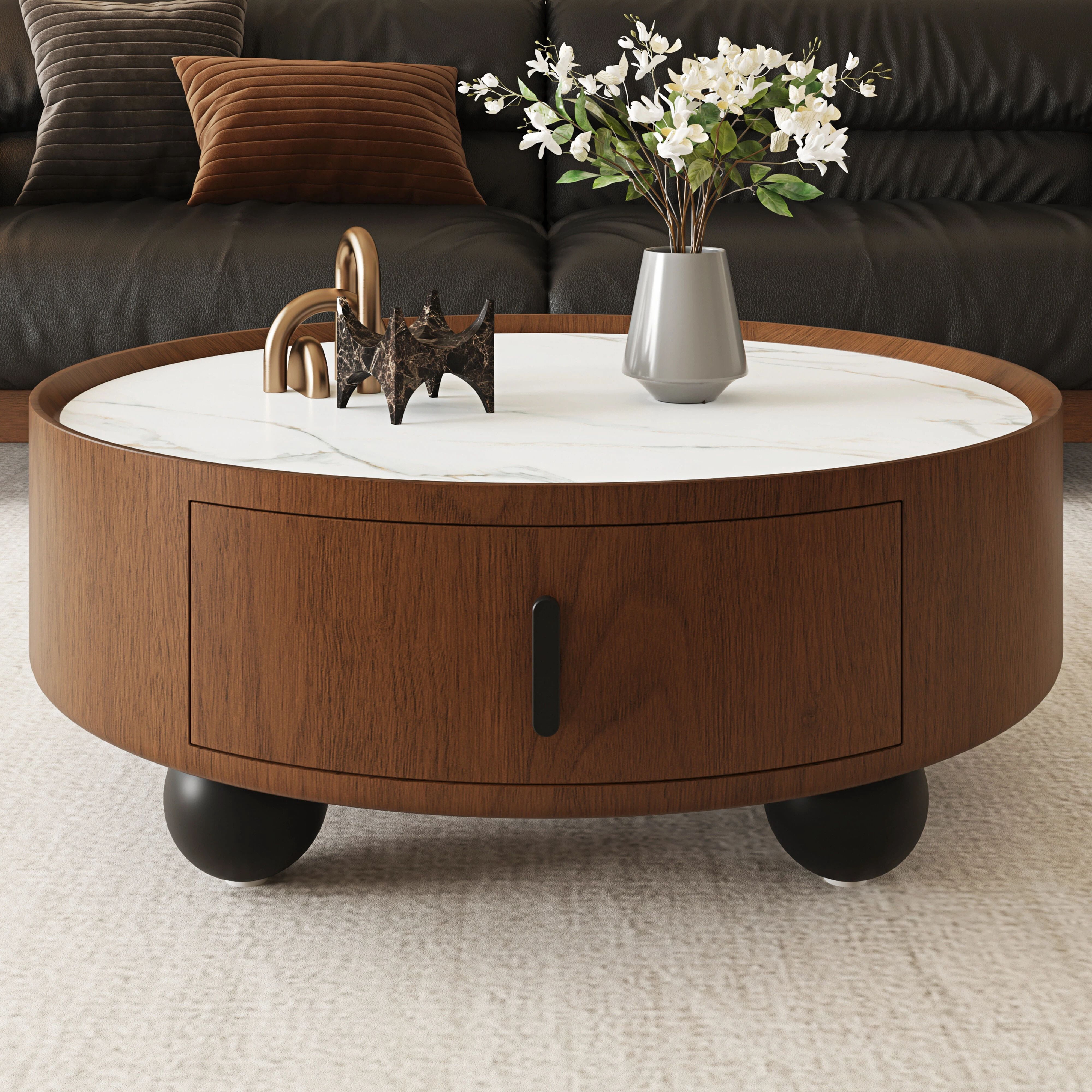 Euroco 35.43 Inch Round Coffee Table with Storage Drawer, Mid-Century Modern Accent Tea Table with Marble-Look Stone Top for Living Room,Home Office,Walnut