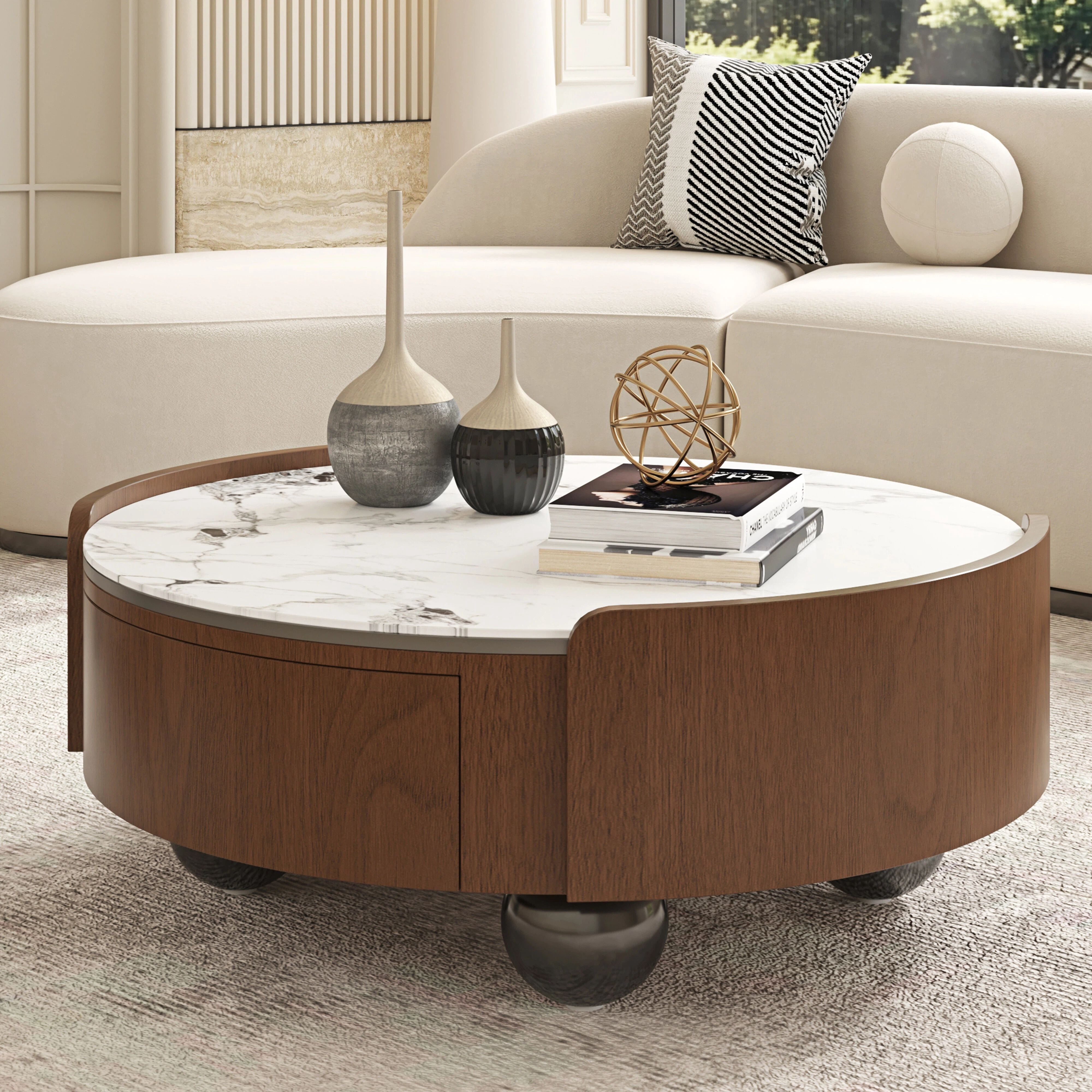 Euroco 35.43" Round Coffee Table with 2 Storage Drawers, Mid-Century Modern Wood Cocktail Table for Living Room,Bedroom Home Office,Walnut