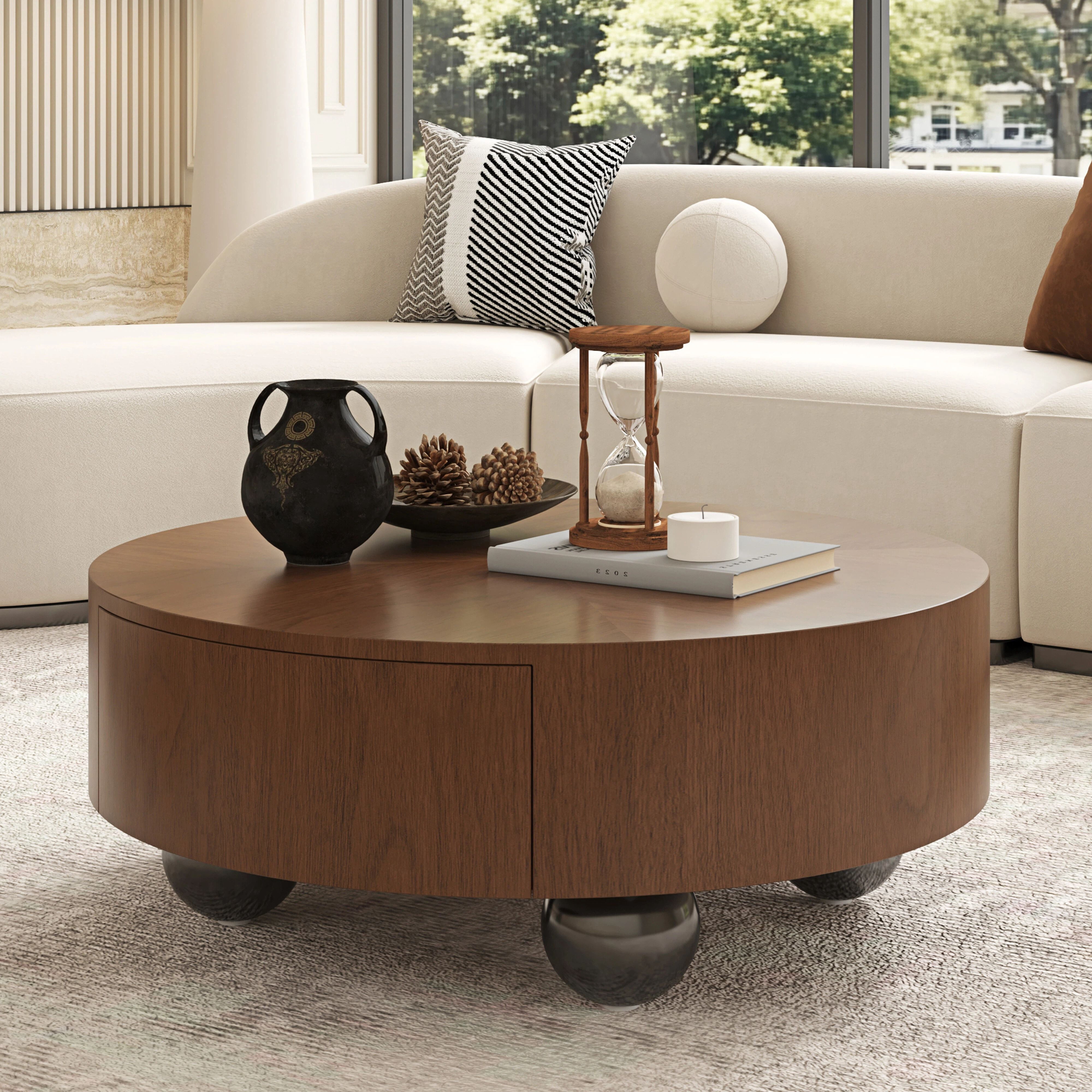 Euroco 35.43" Round Coffee Table with Storage Drawer, Mid-Century Modern Center Table with Sphere Base Legs for Living Room,Walnut