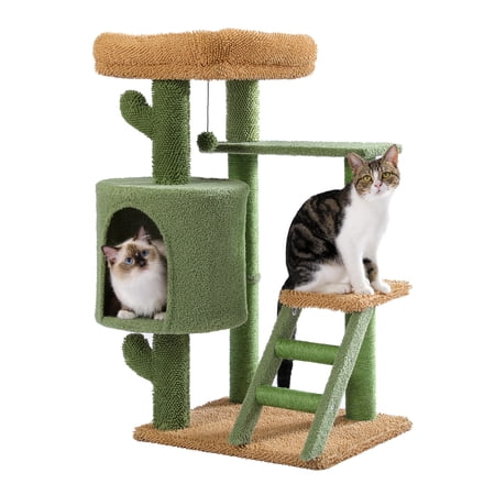Euroco 35.6" Cat Tree Tower with Cactus Sisal Scratching Post, 4-Level Cat Condo with Nest/Platform/Basket/Fun Cat Ball, Green