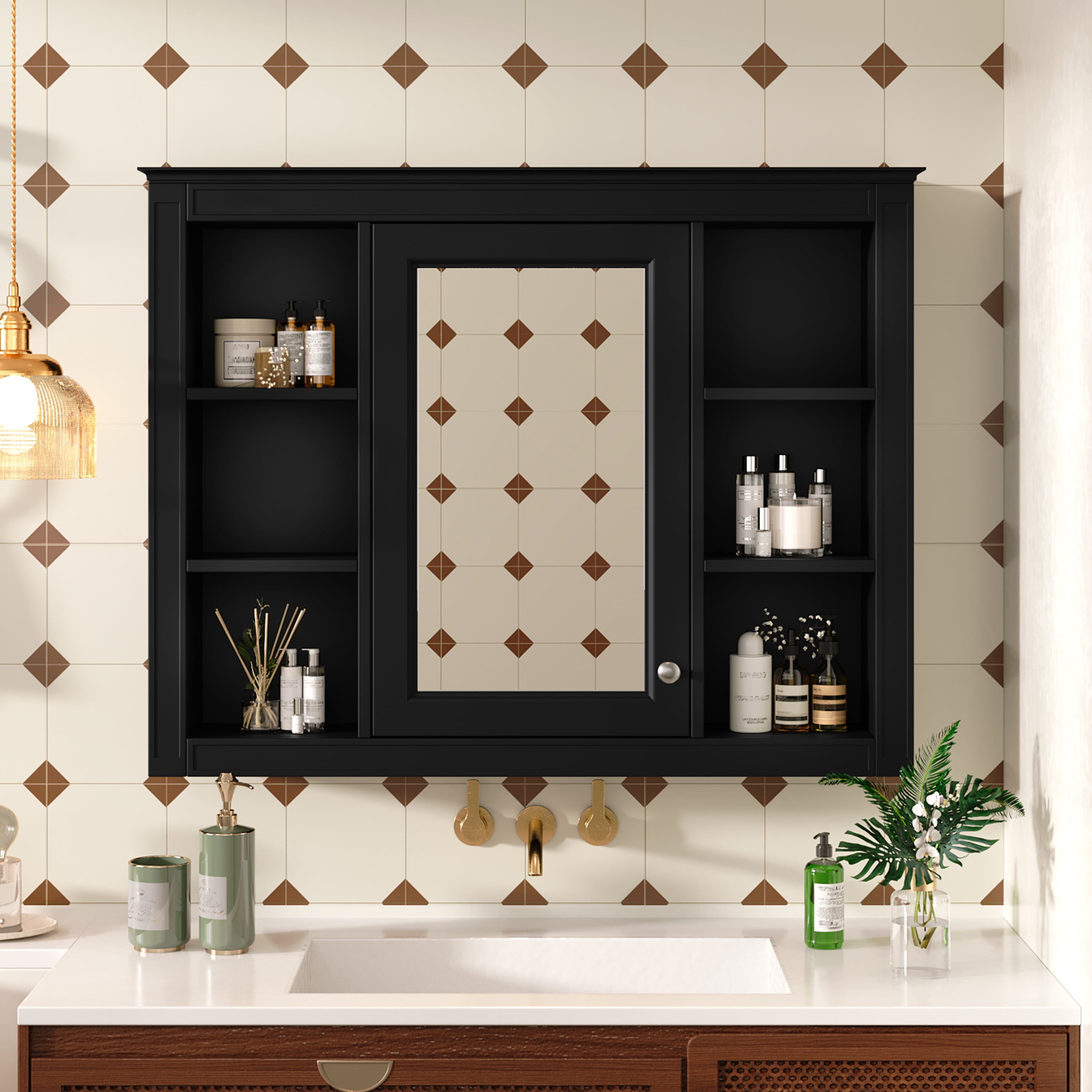 Euroco 35'' x 27.5'' Medicine Cabinet, Wall Mounted Bathroom Storage Cabinet, Modern Bathroom Wall Cabinet with Mirror, Mirror Cabinet with 6 Open Shelves (Not Include Bathroom Vanity )