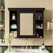 Euroco 35'' x 28'' Black Wall Mounted Bathroom Storage Cabinet with Mirror Door, Modern Bathroom Wall Cabinet with Mirror, Medicine Cabinet with 6 Open Shelves