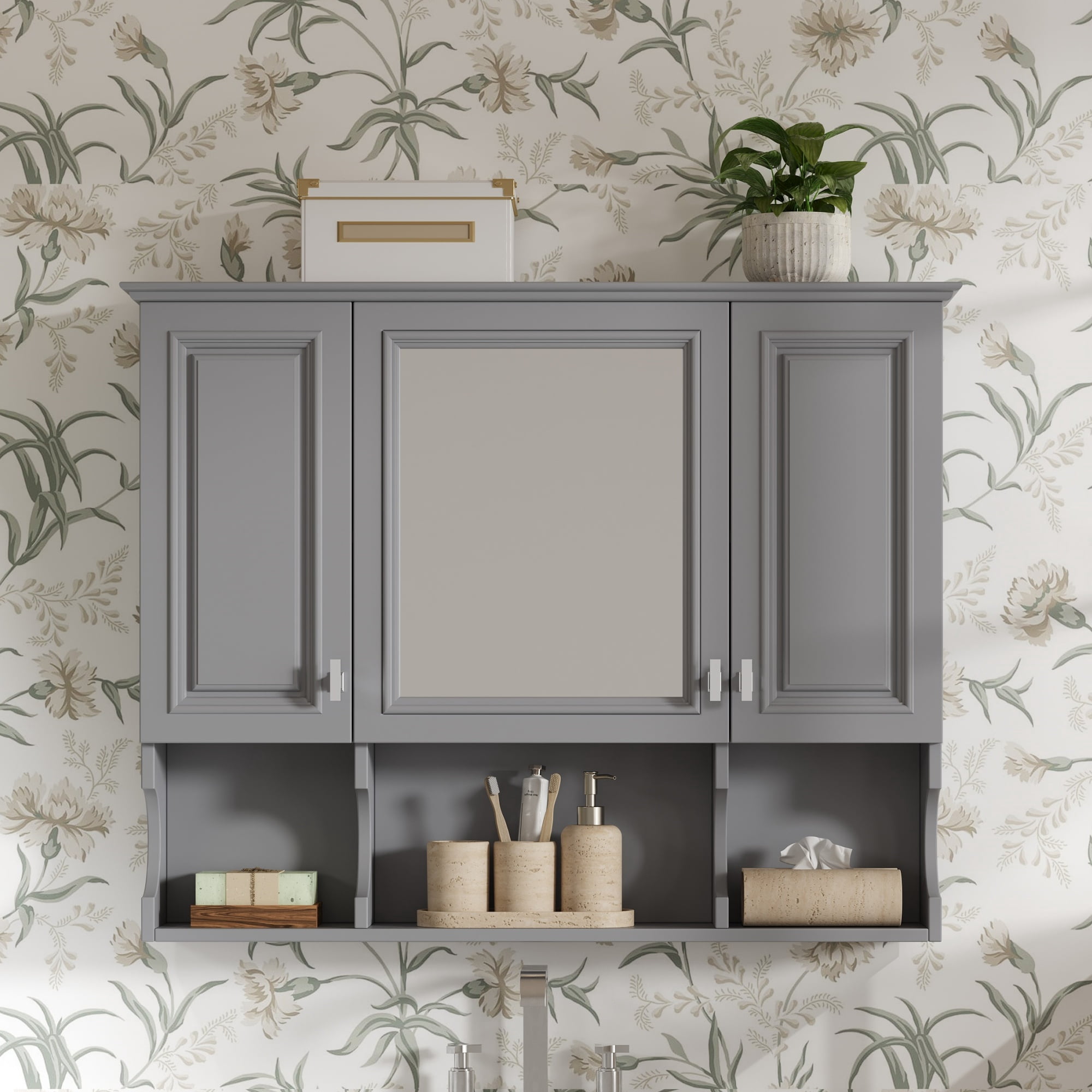 Euroco 35'' x 28'' Wall Mounted Bathroom Medicine Cabinet, Modern Bathroom Wall Cabinet with Mirror, Mirror Cabinet with Open Shelves
