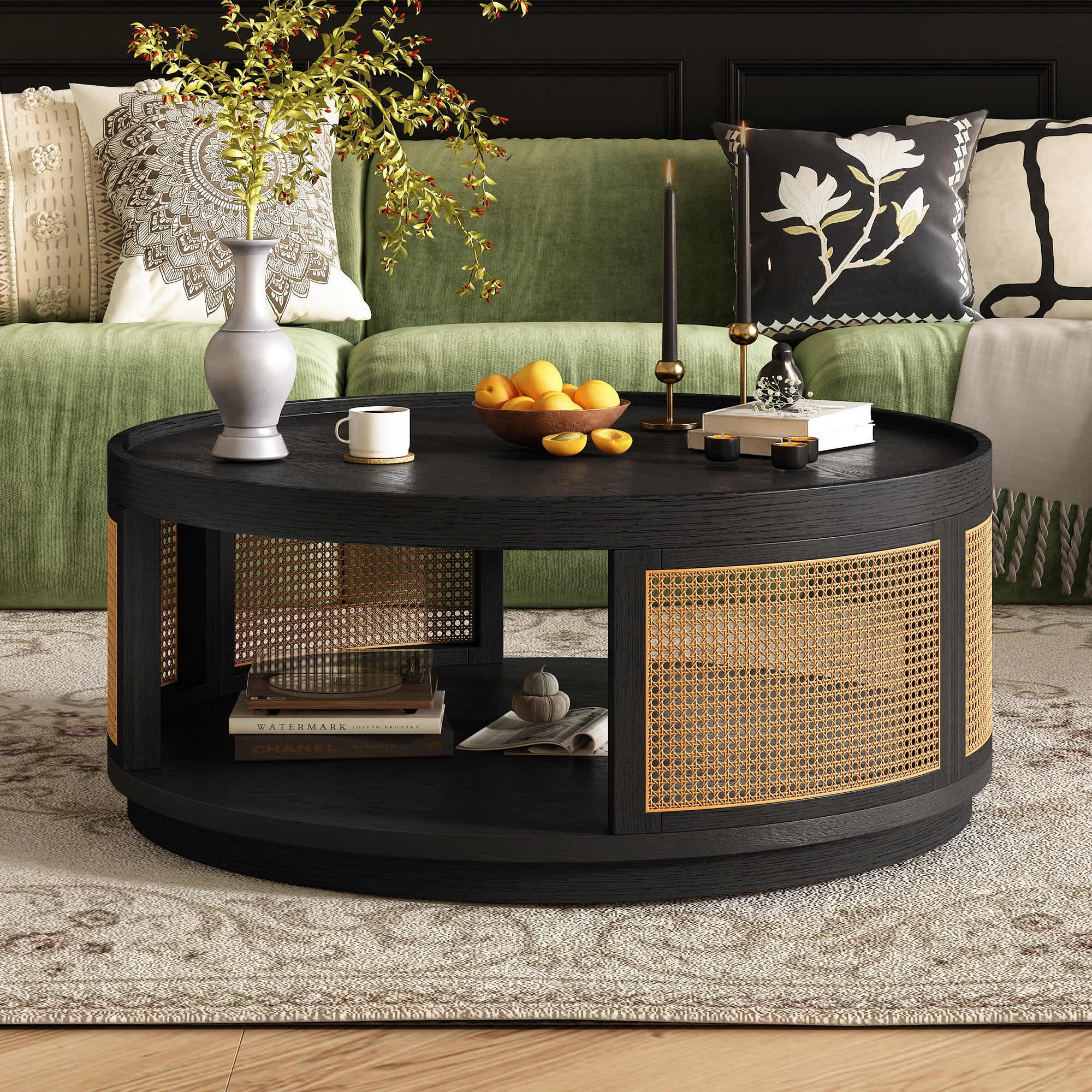 Euroco 36.8'' Wooden Mid-Century Modern Coffee Table, Round Cane Coffee Table with PE Rattan Side for Living Room
