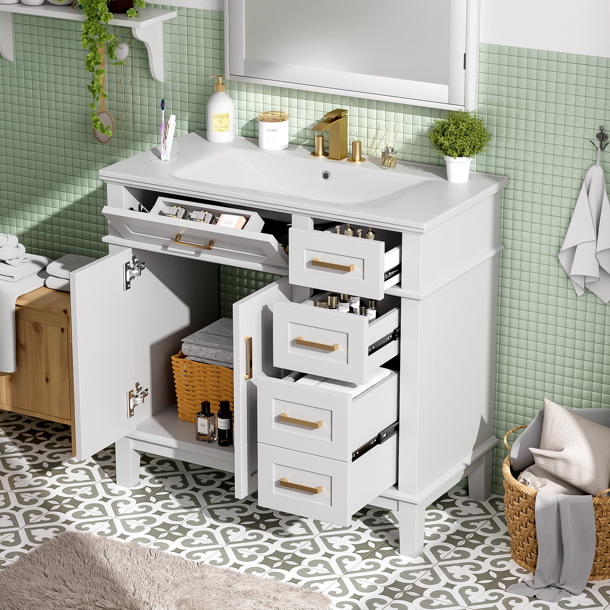 Euroco 36" Bathroom Cabinet with Ceramic Sink, Soft-Close Doors, Golden Handles, Ample Storage, and Overflow Protection