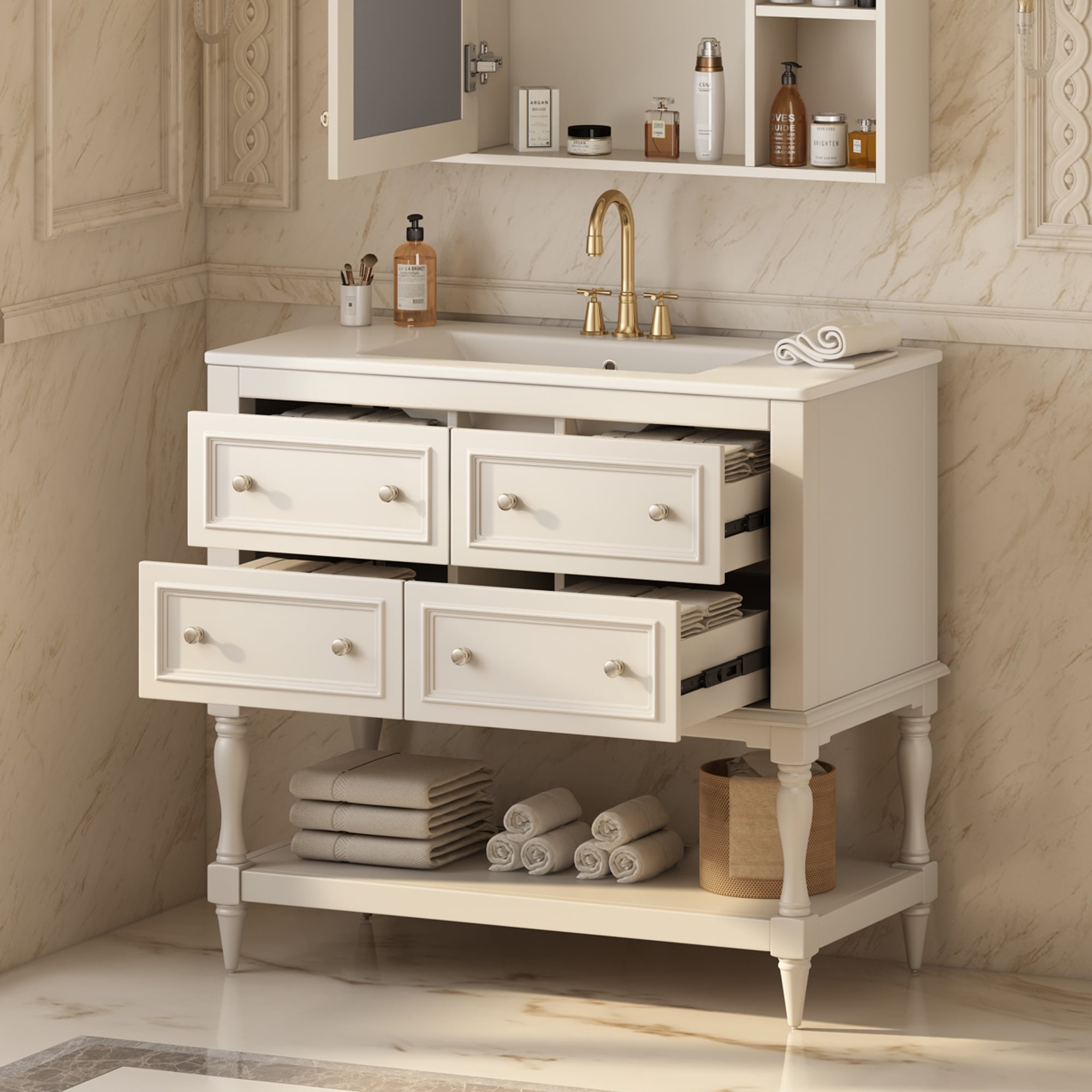 Euroco 36" Bathroom Vanity Cabinet with Sink Combo Set, Undermount Ceramic Sink, Free Standing Vanity Set with 4 Drawers, Solid Wood Frame Bathroom Cabinet, Beige