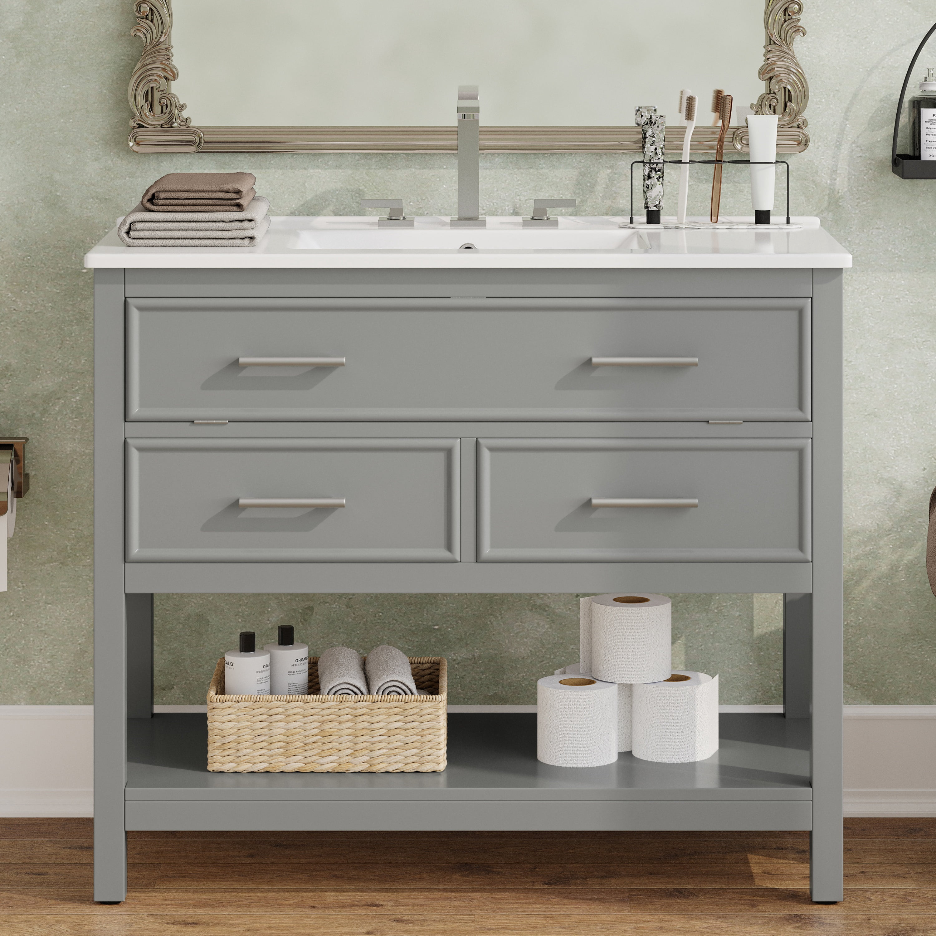 Euroco 36" Bathroom Vanity with Ceramic Sink, Bathroom Vanity with Tip-Out Tray and 2 Full-Extension Drawers, Silver Pulls and Soft Close Drawer Slides Design, 1 Open Shelf at the Bottom, Gray