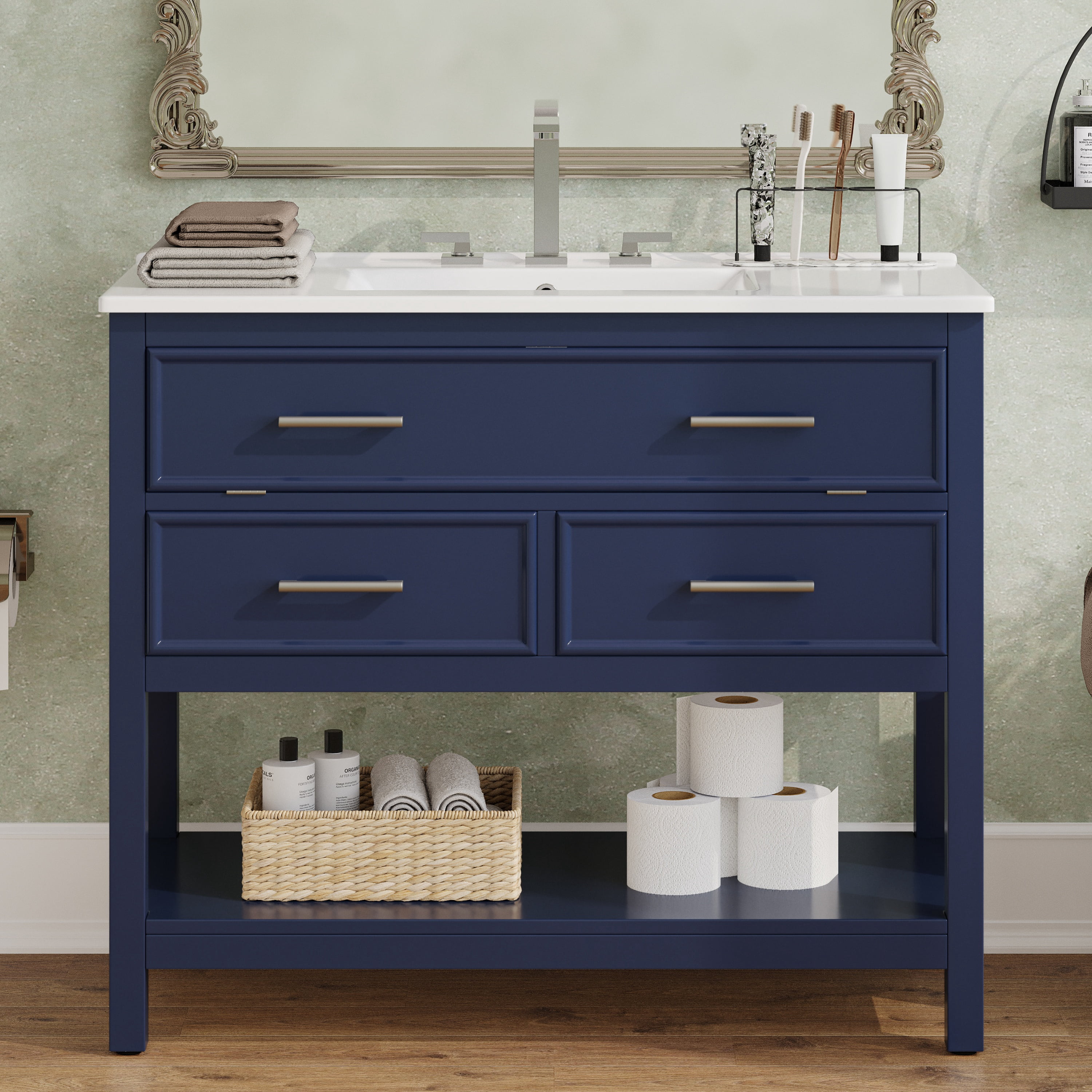 Euroco 36" Bathroom Vanity with Ceramic Sink, Bathroom Vanity with Tip-Out Tray and 2 Full-Extension Drawers, Silver Pulls and Soft Close Drawer Slides Design, 1 Open Shelf at the Bottom, Blue