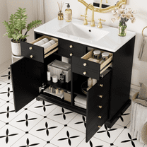 Euroco 36'' Bathroom Vanity with Ceramic Sink Combo, Solid Wood Frame Bathroom Storage Cabinet, Freestanding Vanity Set with 2 Drawers& Soft Closing Doors, Black