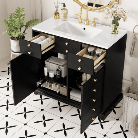 Euroco 36'' Bathroom Vanity with Ceramic Sink Combo, Solid Wood Frame Bathroom Storage Cabinet, Freestanding Vanity Set with 2 Drawers& Soft Closing Doors, Black