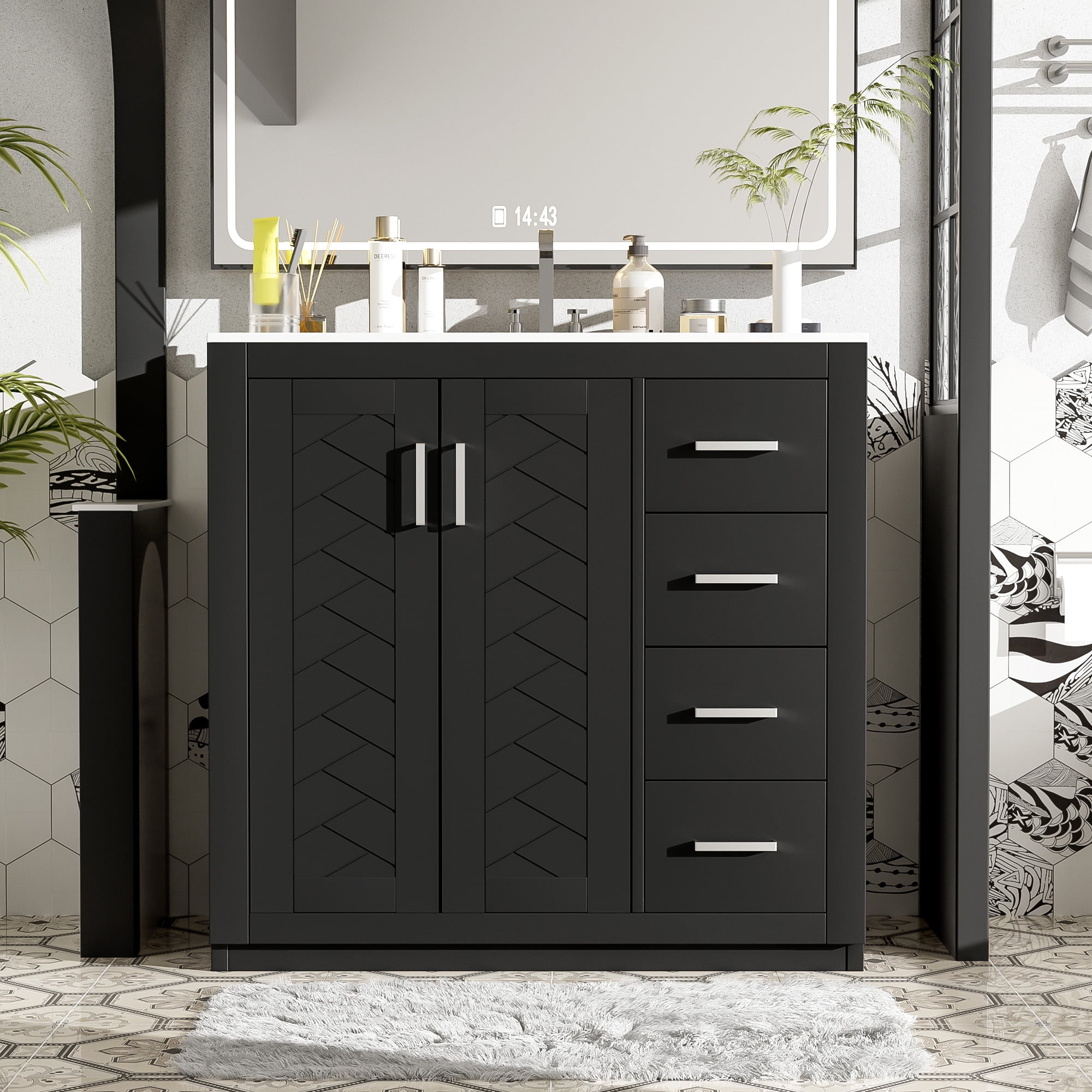 Euroco 36'' Bathroom Vanity with Ceramic Sink Combo, Solid Wood Frame Bathroom Storage Cabinet, Freestanding Vanity Set with 3 Drawers& Soft Closing Doors