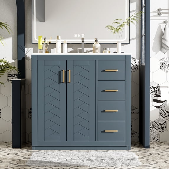 Euroco 36'' Bathroom Vanity with Ceramic Sink Combo, Solid Wood Frame Bathroom Storage Cabinet, Freestanding Vanity Set with 3 Drawers& Soft Closing Doors