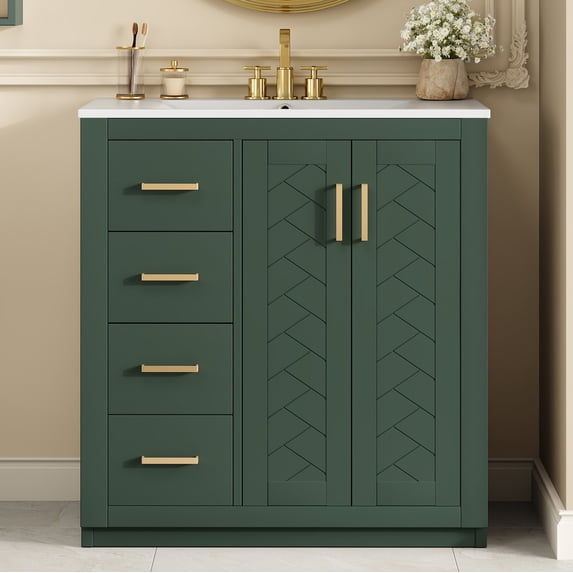 Euroco 36'' Bathroom Vanity with Ceramic Sink Combo, Solid Wood Frame Bathroom Storage Cabinet, Freestanding Vanity Set with 3 Drawers& Soft Closing Doors