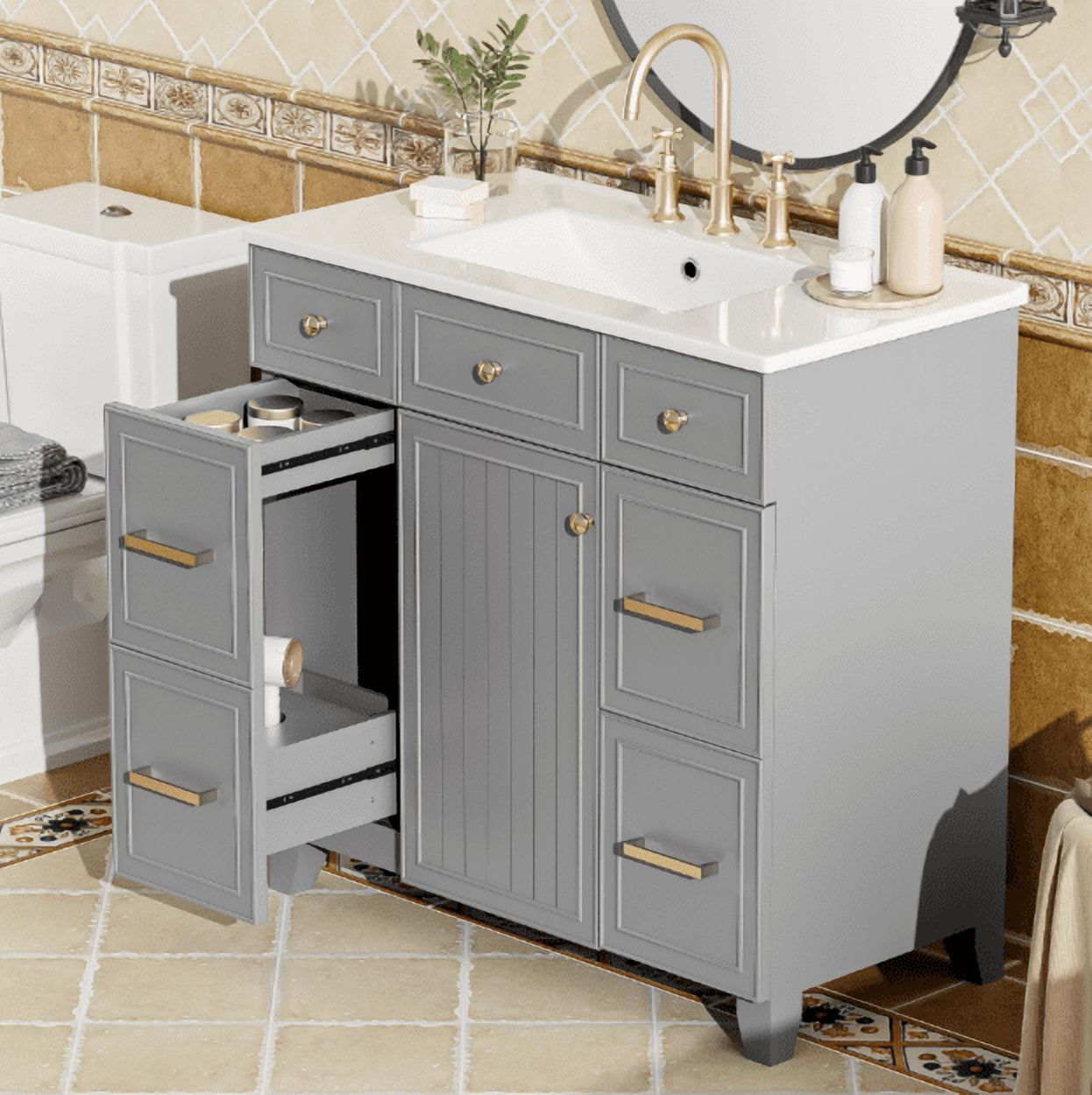 Euroco 36" Bathroom Vanity with Ceramic Sink, Grey, Solid Wood Frame, Soft Close Doors, Adjustable Shelves, 3 Drawers, Including Double-Depth Drawer for Hairdryer Storage