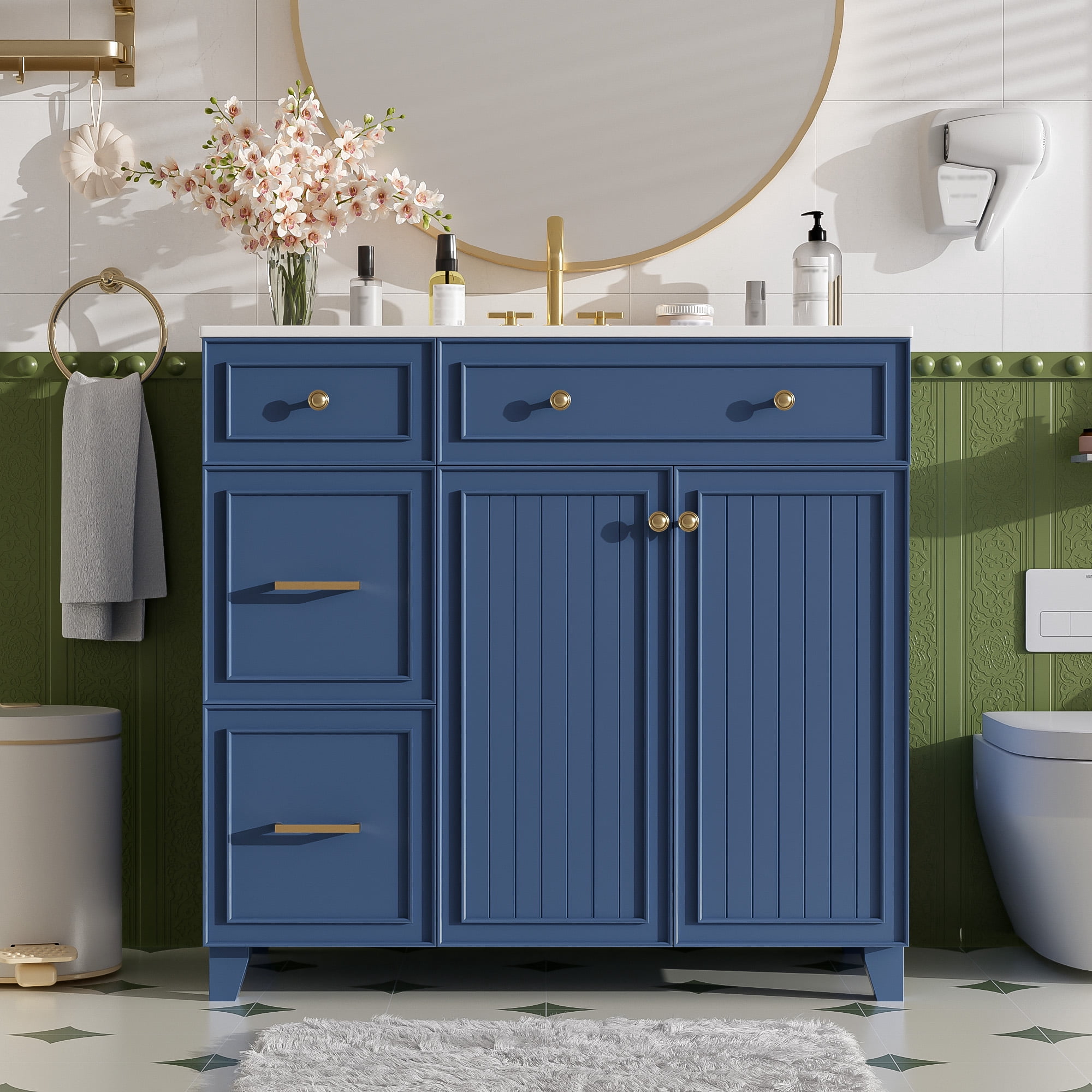 Euroco 36" Bathroom Vanity with Ceramic Sink, Standard and Double-Layer Drawers, Soft Close Doors, Adjustable Shelves, Modern Storage Cabinet for Small and Medium Bathrooms