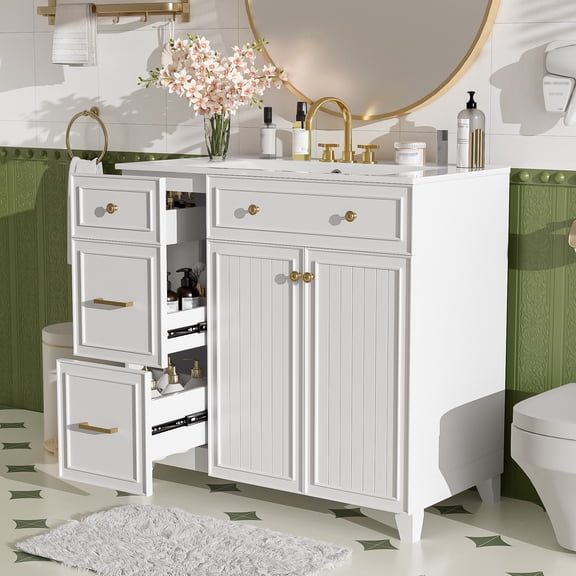 Euroco 36" Bathroom Vanity with Ceramic Sink, Standard and Double-Layer Drawers, Soft Close Doors, Adjustable Shelves, Modern Storage Cabinet for Small and Medium Bathrooms