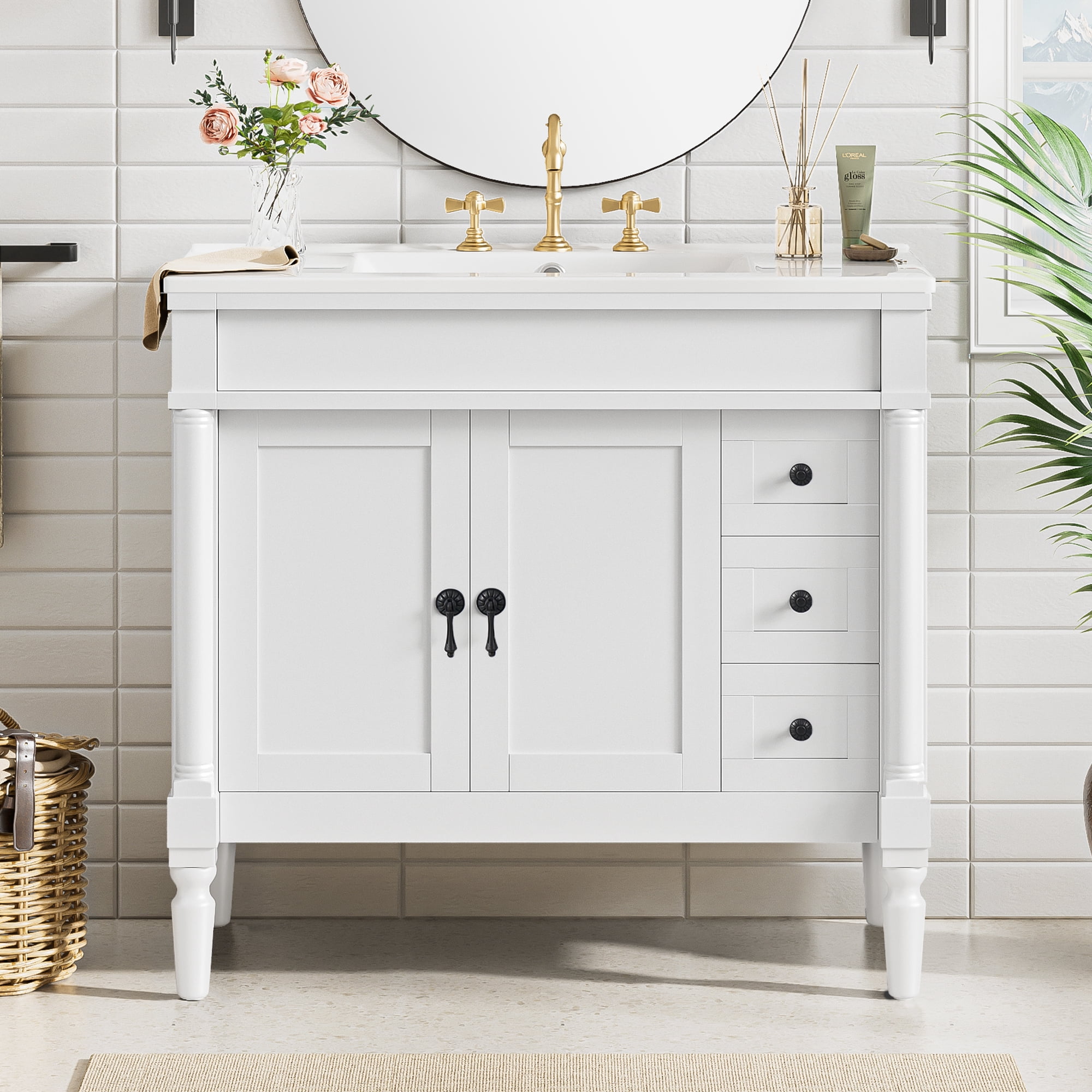 Euroco 36" Bathroom Vanity with Ceramic Sink, Standard Drawers, Soft Close Doors, Adjustable Shelves, Modern Storage Cabinet for Small and Medium Bathrooms