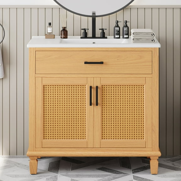 Euroco 36" Bathroom Vanity with Handwoven Rattan Doors, Vitreous Ceramic Sink, Soft-Close Drawers & Solid Fir Wood Legs – Widespread Faucet Compatible