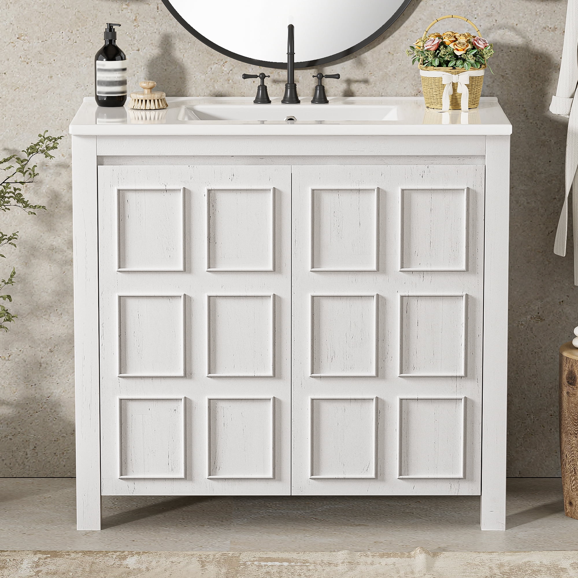 Euroco 36 " Bathroom Vanity Organizer with Ceramic Sink, Set Bathroom Storage Cabinet,Antique White
