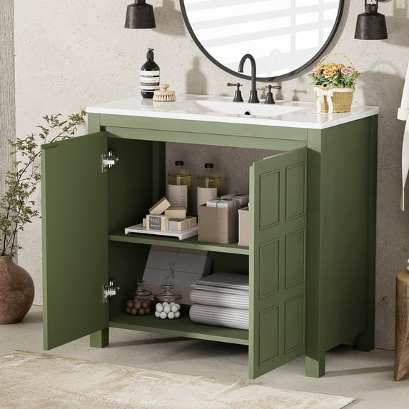 Euroco 36 " Bathroom Vanity Organizer with Ceramic Sink, Set Bathroom Storage Cabinet, Olive Green
