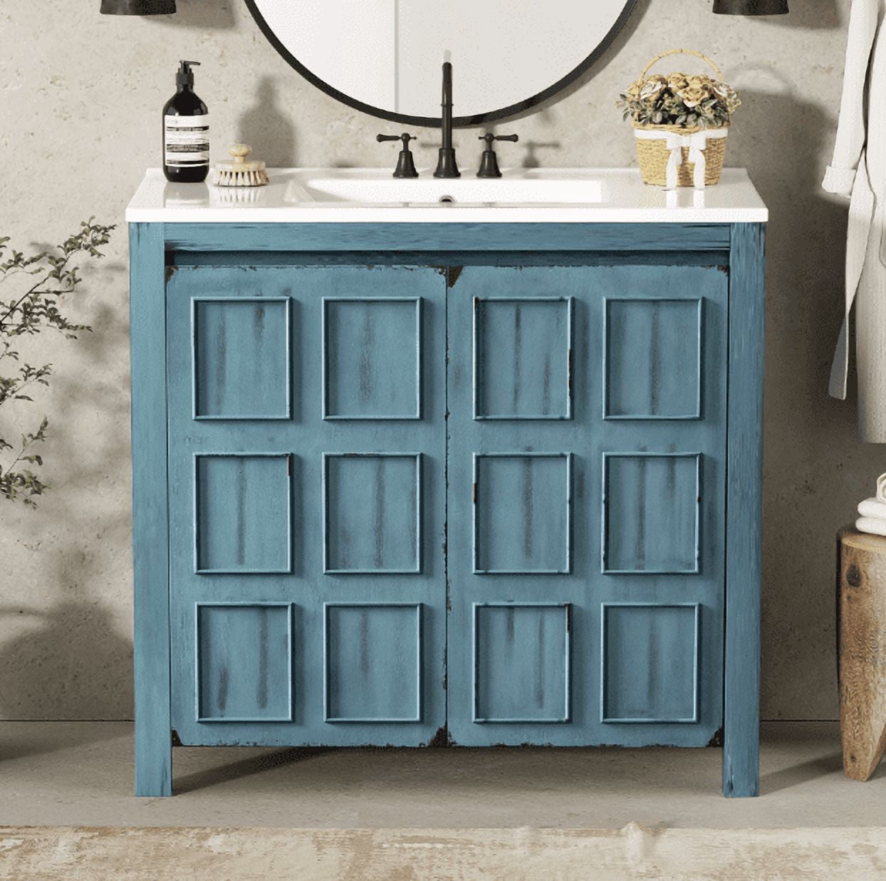 Euroco 36 " Bathroom Vanity Organizer with Ceramic Sink, Set Bathroom Storage Cabinet, Retro Blue