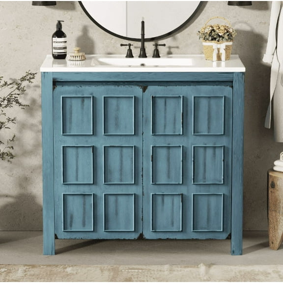 Euroco 36 " Bathroom Vanity Organizer with Ceramic Sink, Set Bathroom Storage Cabinet, Retro Blue