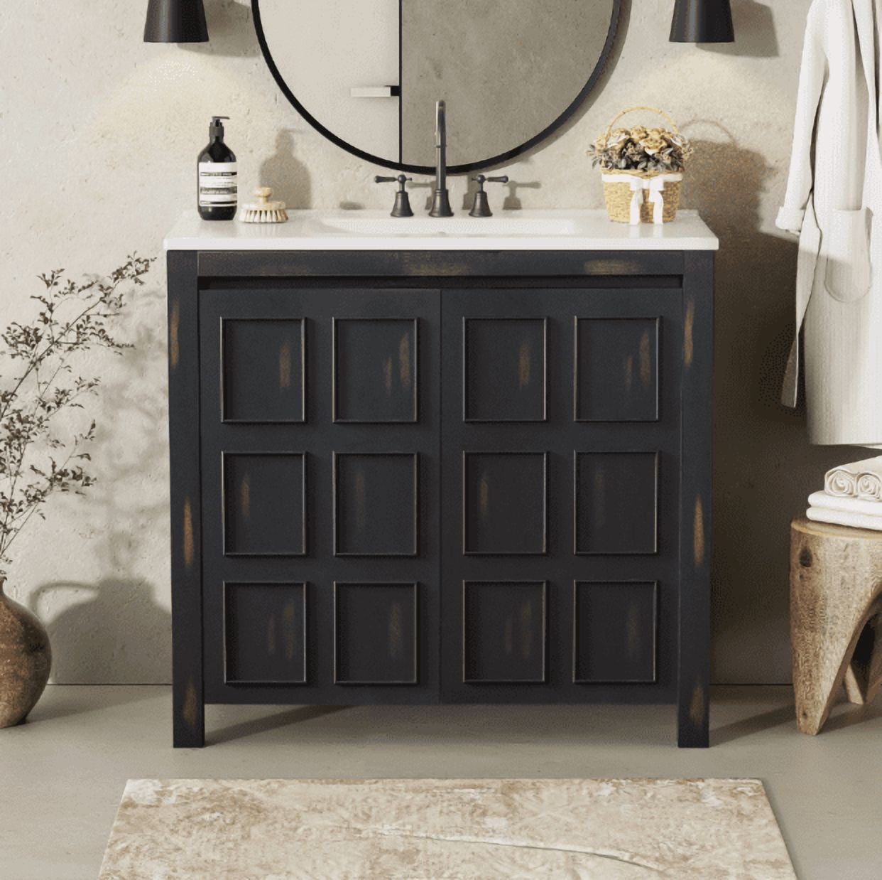 Euroco 36 " Bathroom Vanity Organizer with Ceramic Sink, Set Bathroom Storage Cabinet, Vintage Espresso