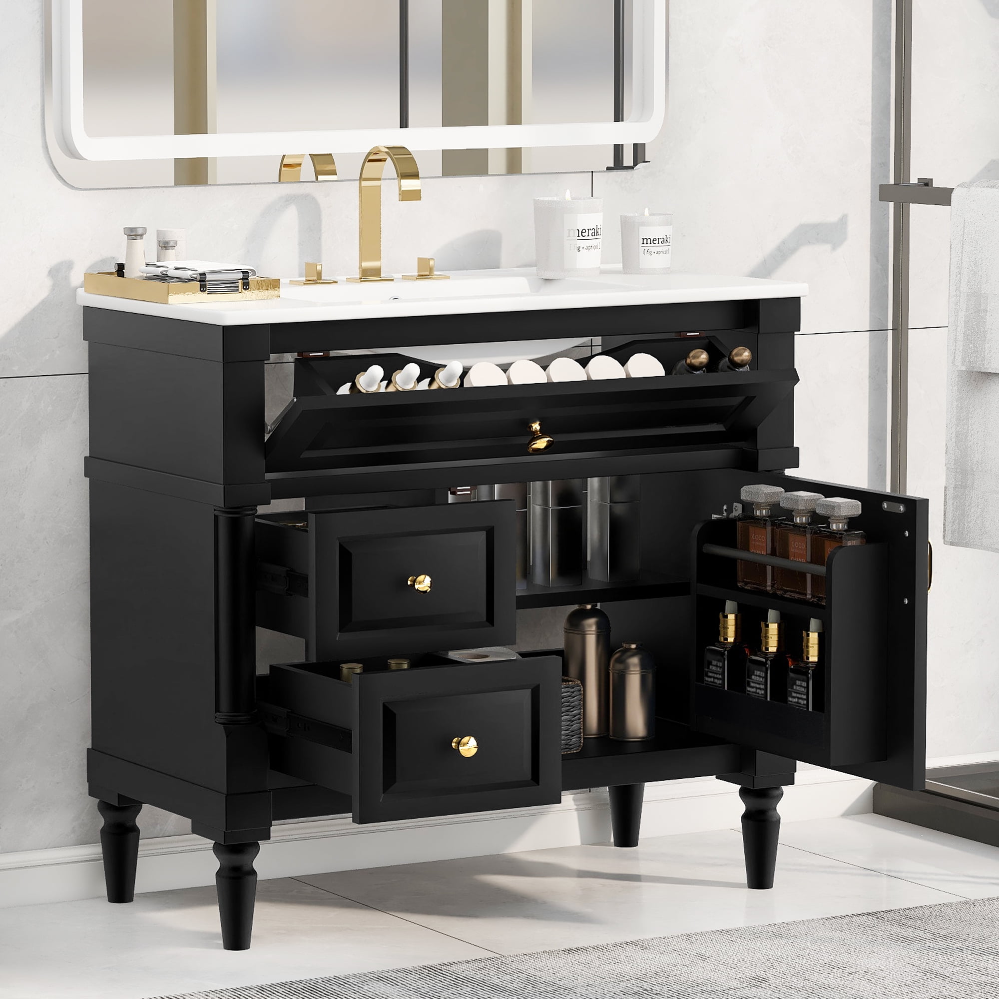 Euroco 36" Bathroom Vanity with Sink, Freestanding Bathroom Cabinet with Ceramic Basin, Flip Drawer, Adjustable Shelf, Rubberwood Frame & MDF Panels, Metal Handles, Black Painted Finish