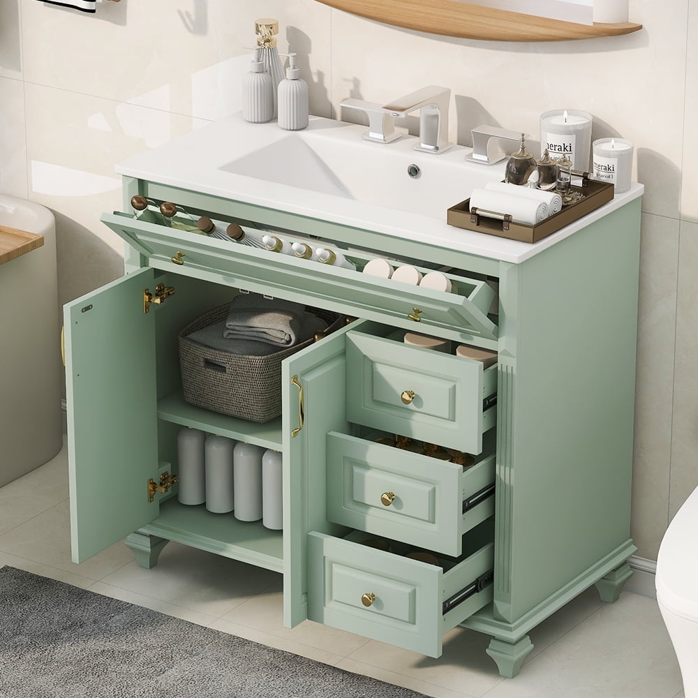 Euroco 36" Bathroom Vanity with Sink, Green Solid Wood Bathroom Cabinet with Flip Drawer, 3 Drawers & 2 Doors, Elegant Design with Golden Metal Handles, Modern MDF Vanity