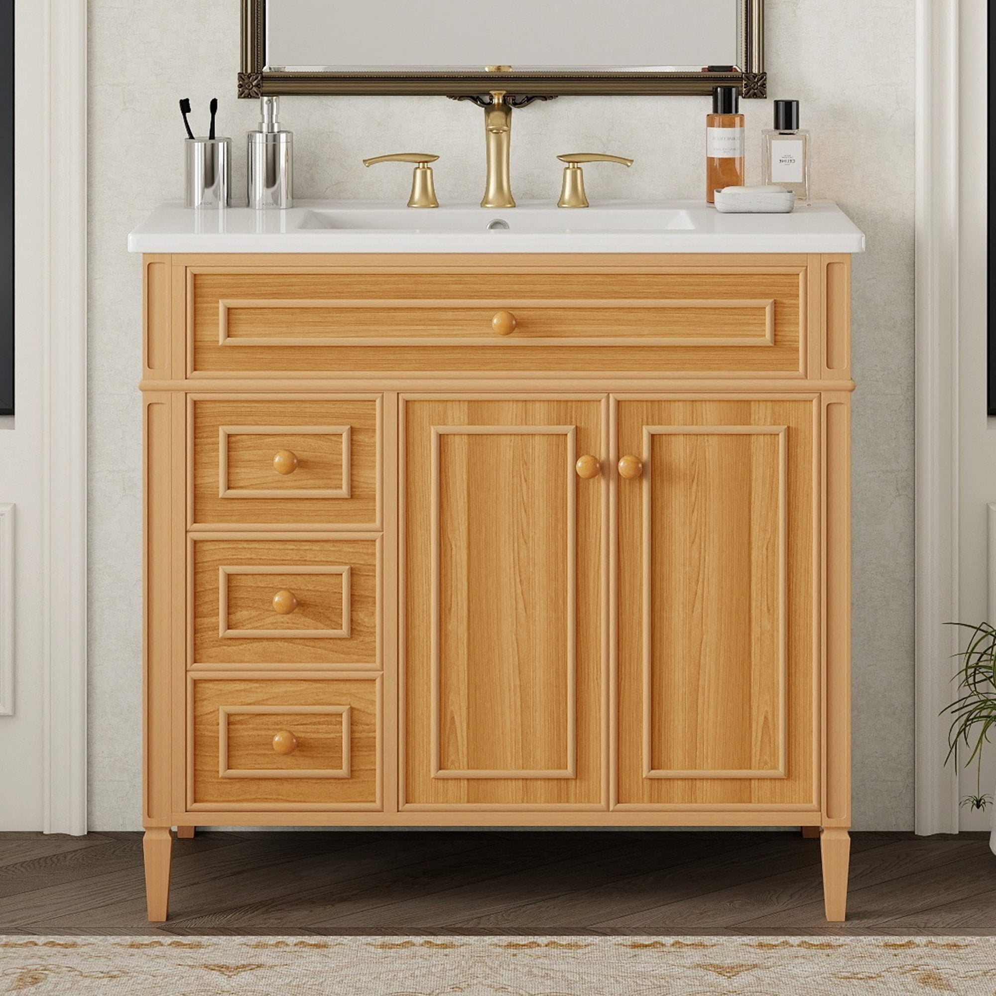 Euroco 36" Bathroom Vanity with Sink, Wood Vanity Cabinet with Flip-Out Drawer, 3 Drawers, 2 Soft-Close Doors, Solid Wood & MDF, Elegant Rubber Wood Handles