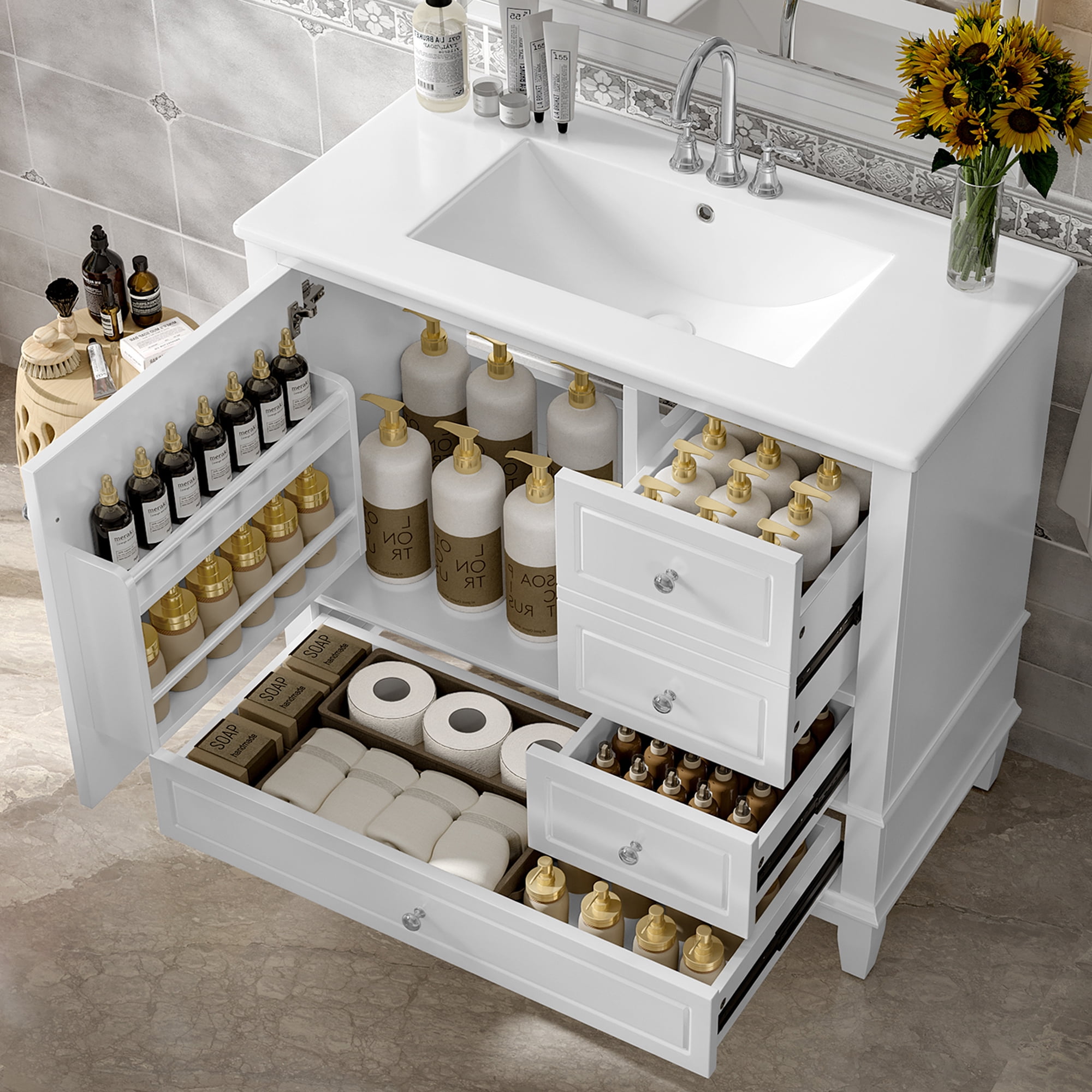 Euroco 36" Bathroom Vanity with Ceramic Sink, Multi-Size Drawers, Cabinet Storage & Iron Hardware, Freestanding Design