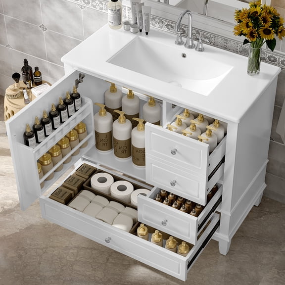 Euroco 36" Bathroom Vanity with Ceramic Sink, Multi-Size Drawers, Cabinet Storage & Iron Hardware, Freestanding Design
