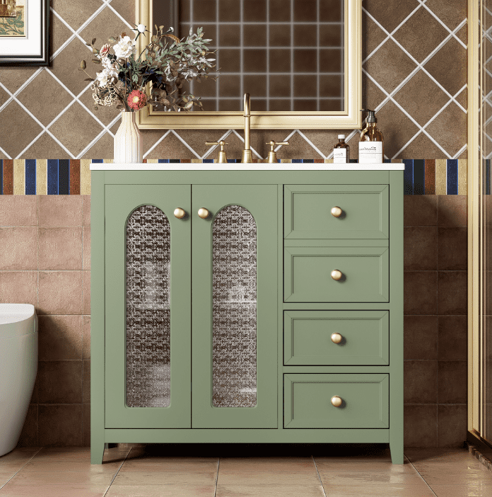 Euroco 36" Bathroom Vanity with Ceramic Sink, Soft-Close Doors, Glass Cabinet, Gold Handles, Storage Drawers – Elegant Modern Design for Small Spaces