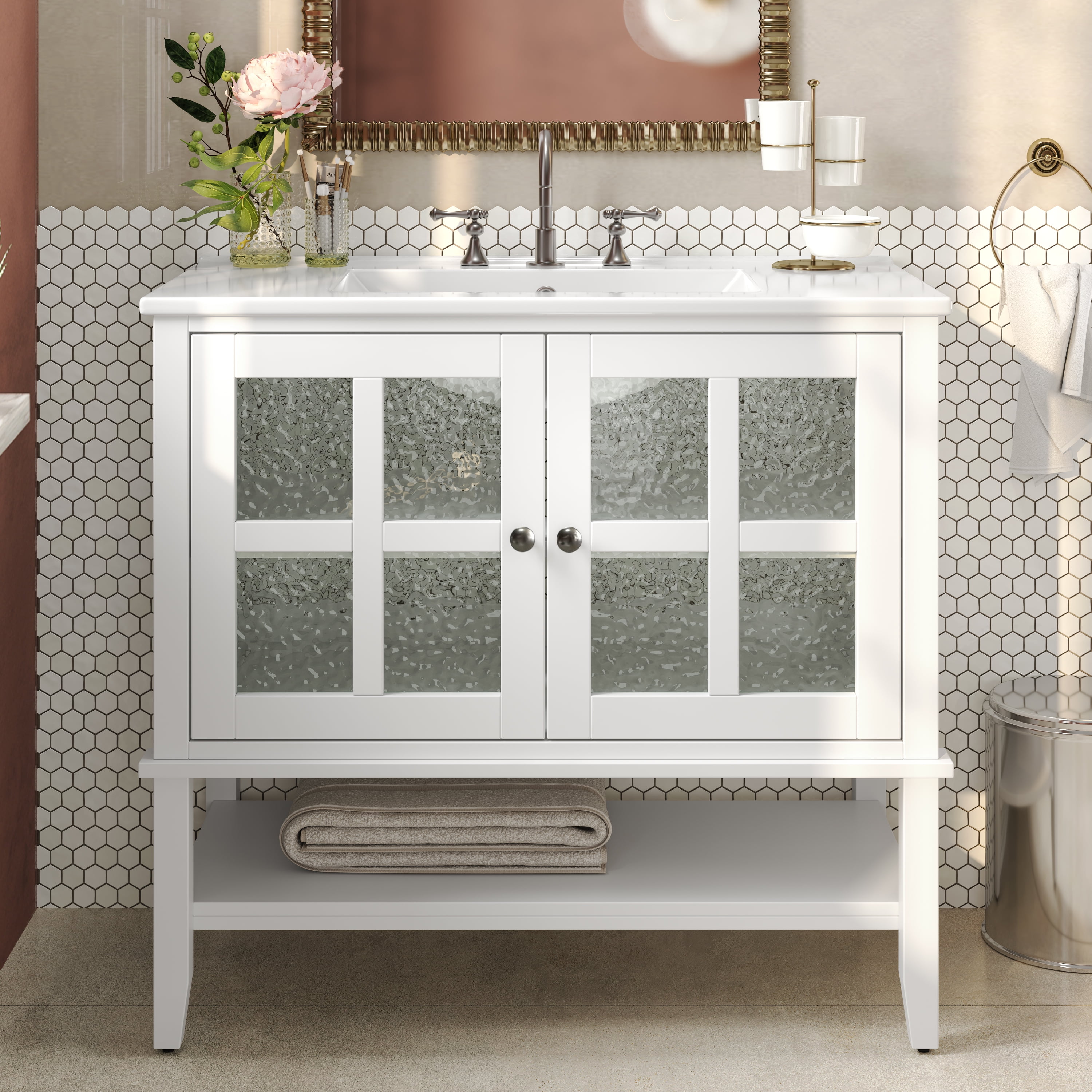 Euroco 36" Bathroom Vanity with Ceramic Sink, Textured Glass Doors, Solid Wood Legs, and Open Shelf – Modern Storage Solution