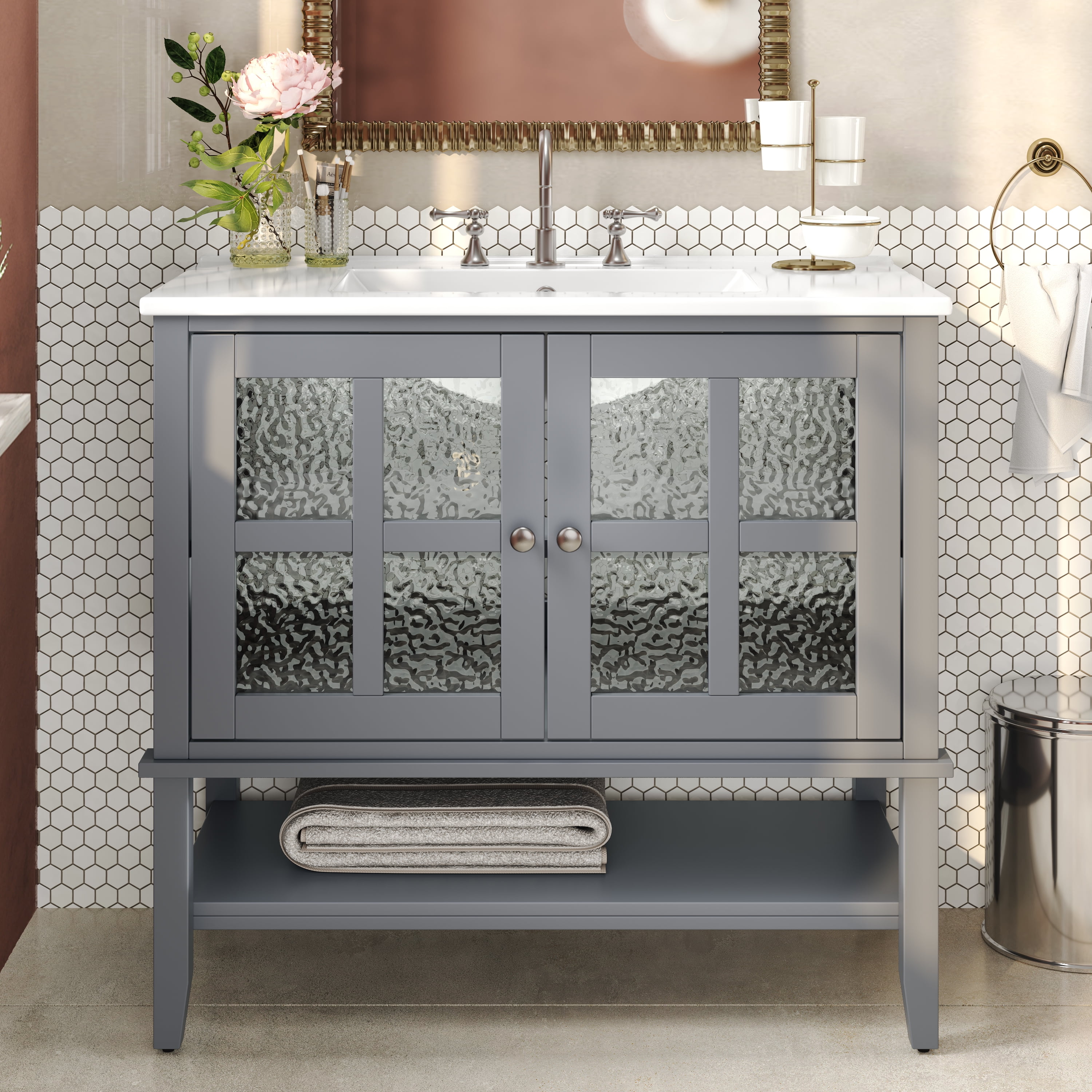 Euroco 36" Bathroom Vanity with Ceramic Sink, Textured Glass Doors, Solid Wood Legs, and Open Shelf – Modern Storage Solution