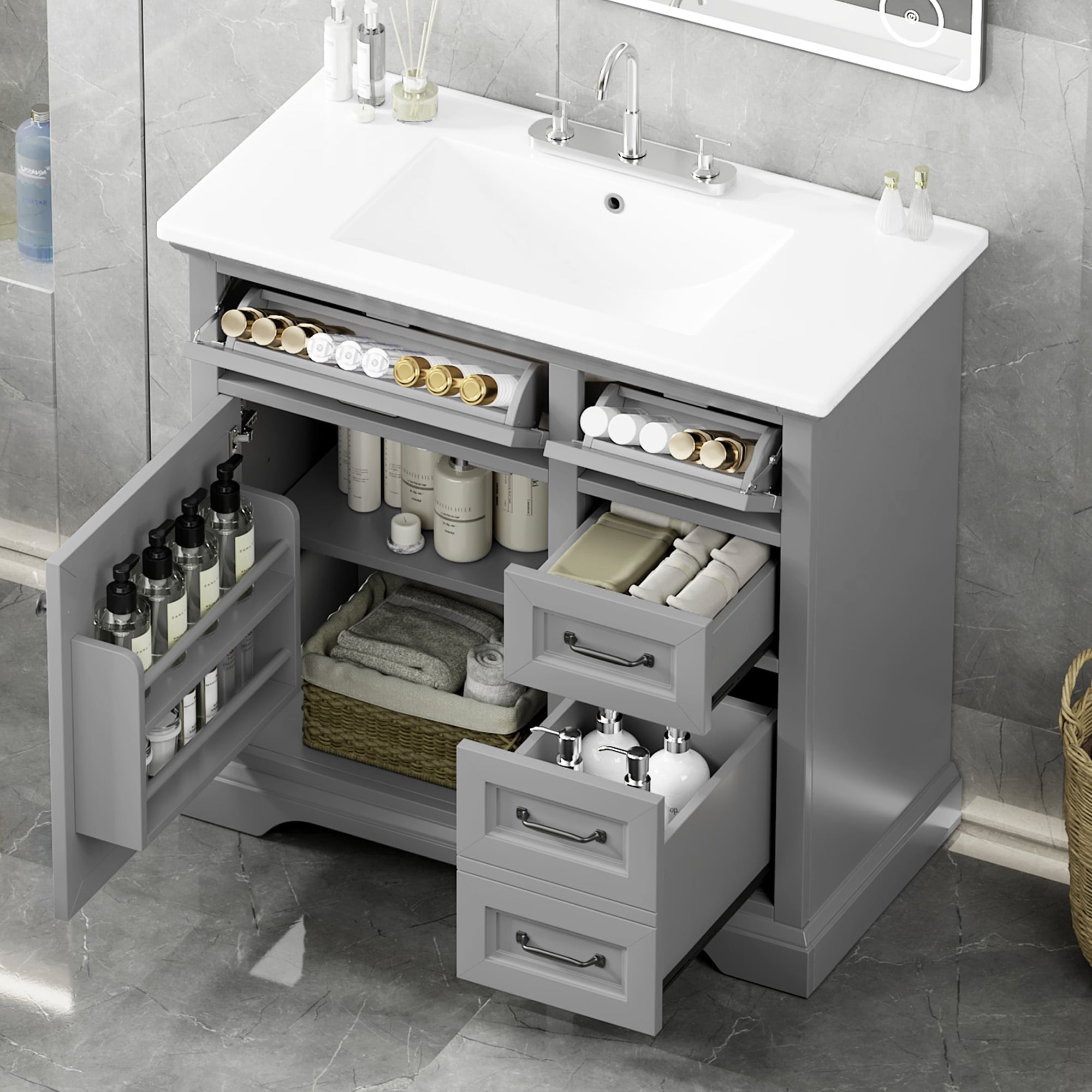 Euroco 36" Bathroom Vanity with Sink, Ceramic Sink, 2 Tip-out Drawers, Soft Close Door Hinges, Light Gray