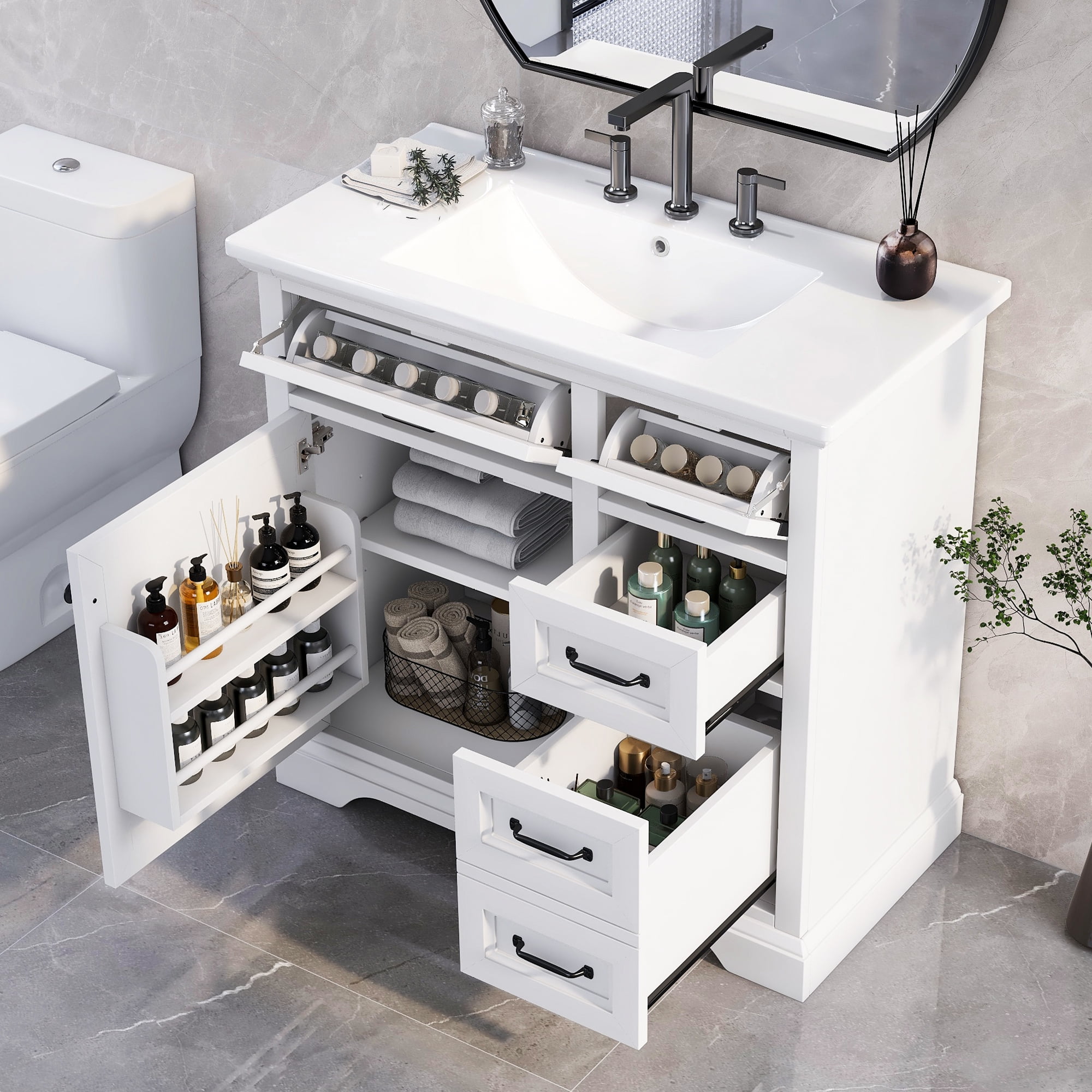 Euroco 36" Bathroom Vanity with Sink, Ceramic Sink, 2 Tip-out Drawers, Soft Close Door Hinges