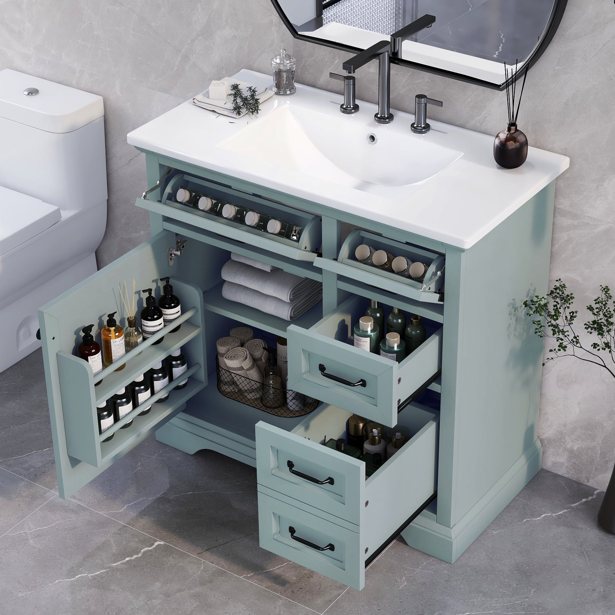 Euroco 36" Bathroom Vanity with Sink, Ceramic Sink, 2 Tip-out Drawers, Soft Close Door Hinges