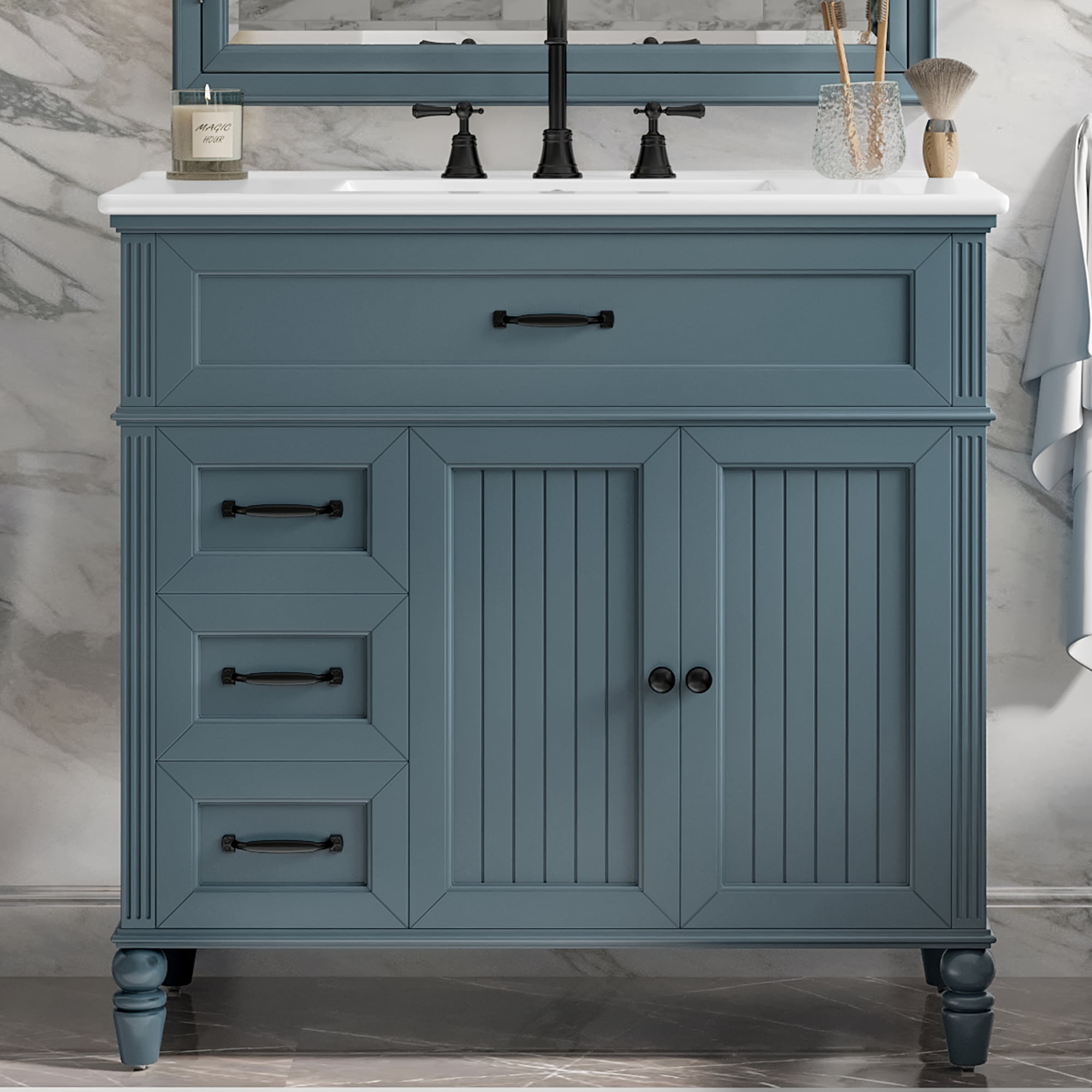 Euroco 36” Bathroom Vanity with Sink Combo, Freestanding Vanity Cabinet with Ceramic Basin and Storage Drawers, Solid Wood & MDF, Gold Handles