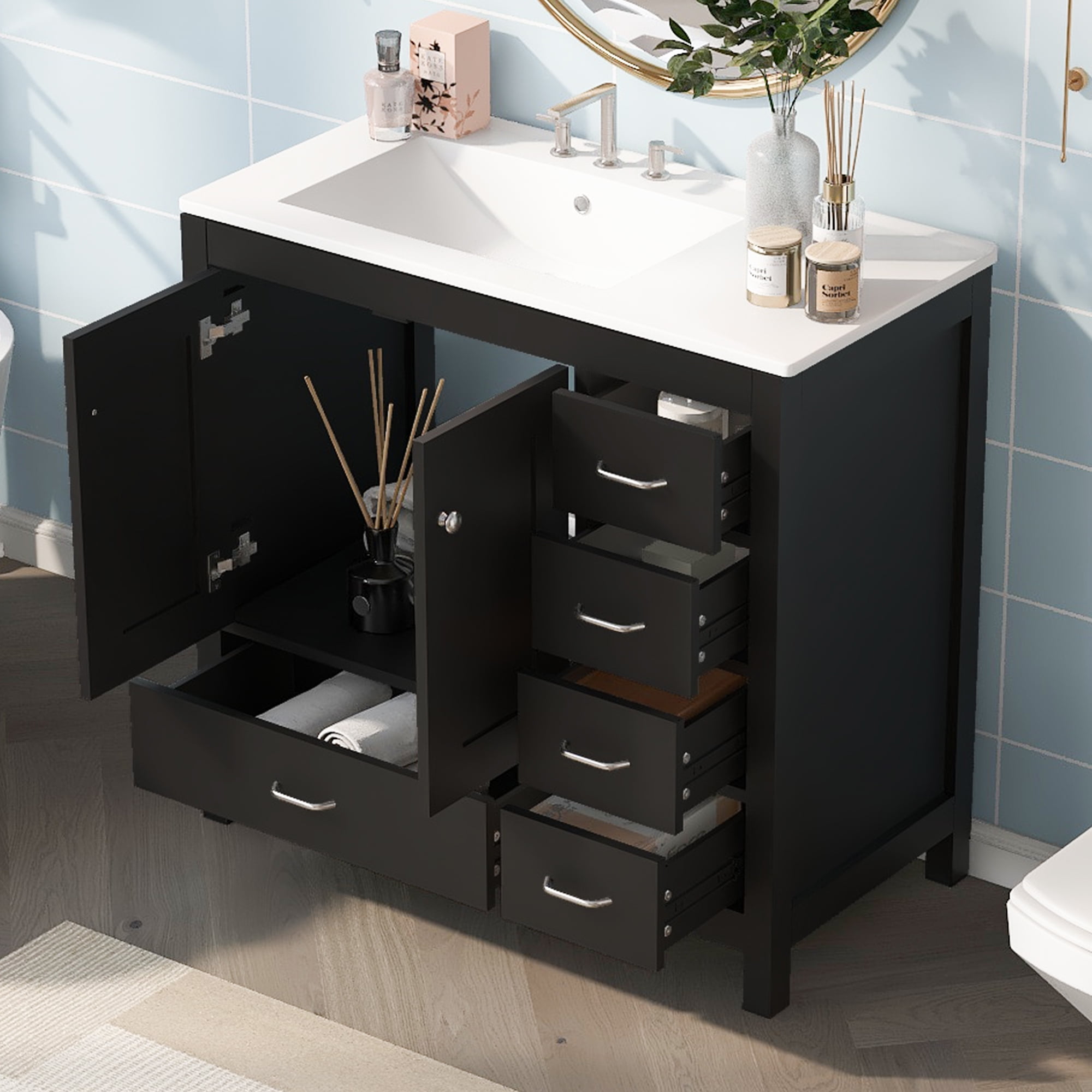 Euroco 36" Black Bathroom Vanity with Ceramic Sink Combo, Abundant Storage Cabinet -2 Soft close doors and 5 drawers