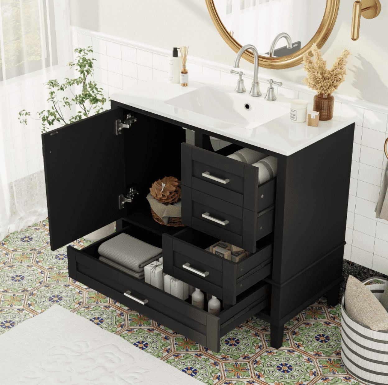 Euroco 36" Black Bathroom Vanity with Solid Pine Frame, 1 Soft Close Door and 3 Drawers , Modern Storage Cabinet