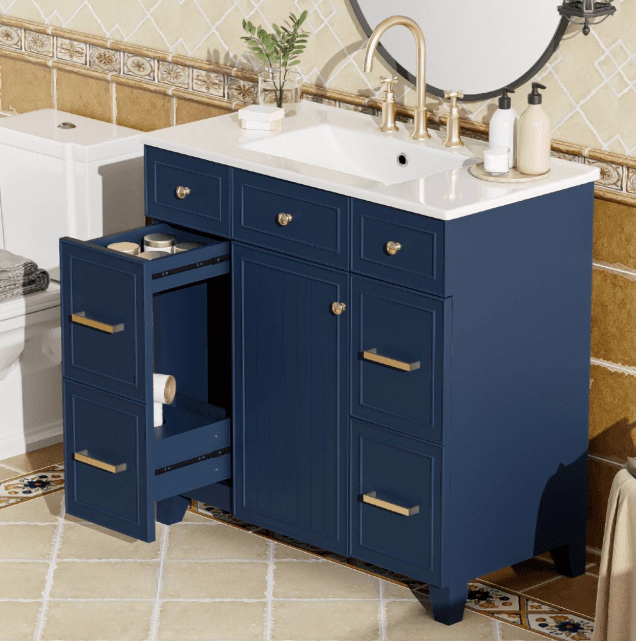Euroco 36" Euroco Bathroom Vanity with Ceramic Sink, Blue, Solid Wood Frame, Soft Close Doors, Adjustable Shelves, 3 Drawers,Including Double-Depth Drawer for Hairdryer Storage