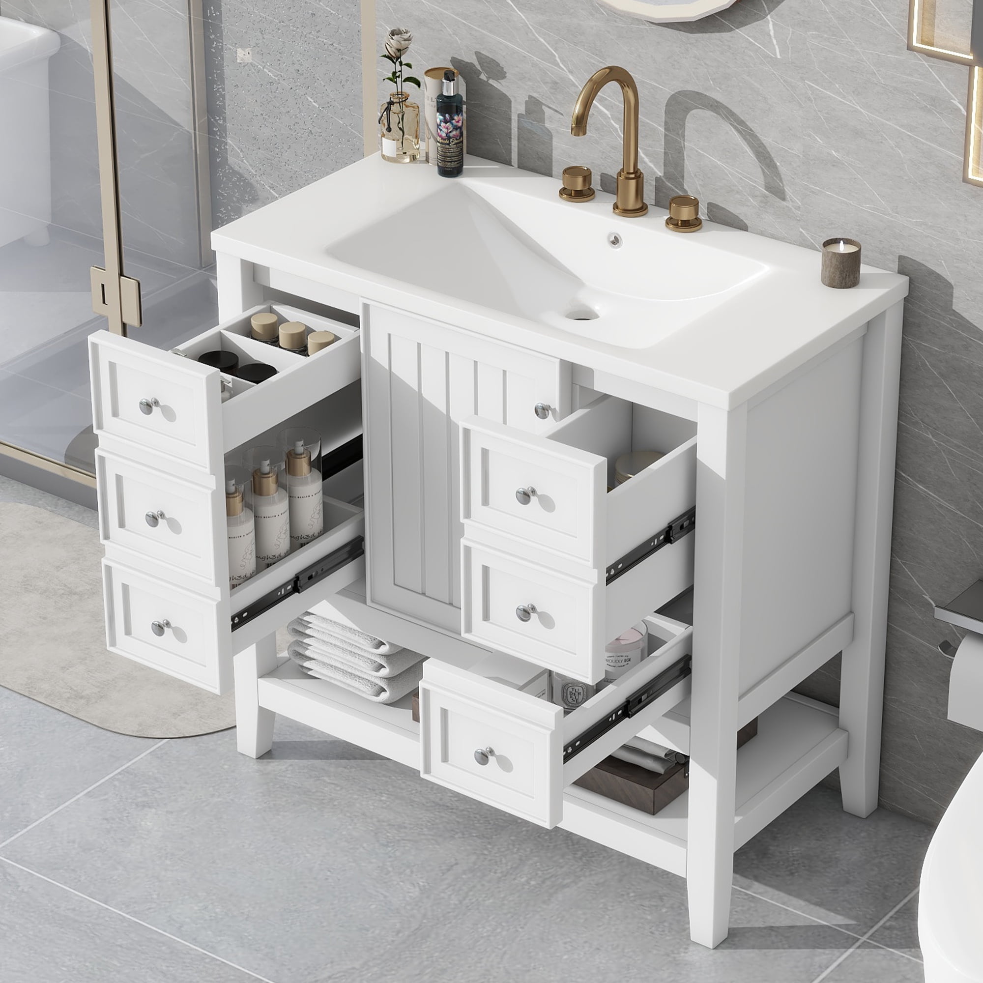 Euroco 36" Freestanding Bathroom Vanity with Ceramic Sink, Cabinet, Drawers & Open Shelf – Solid Wood & MDF Structure