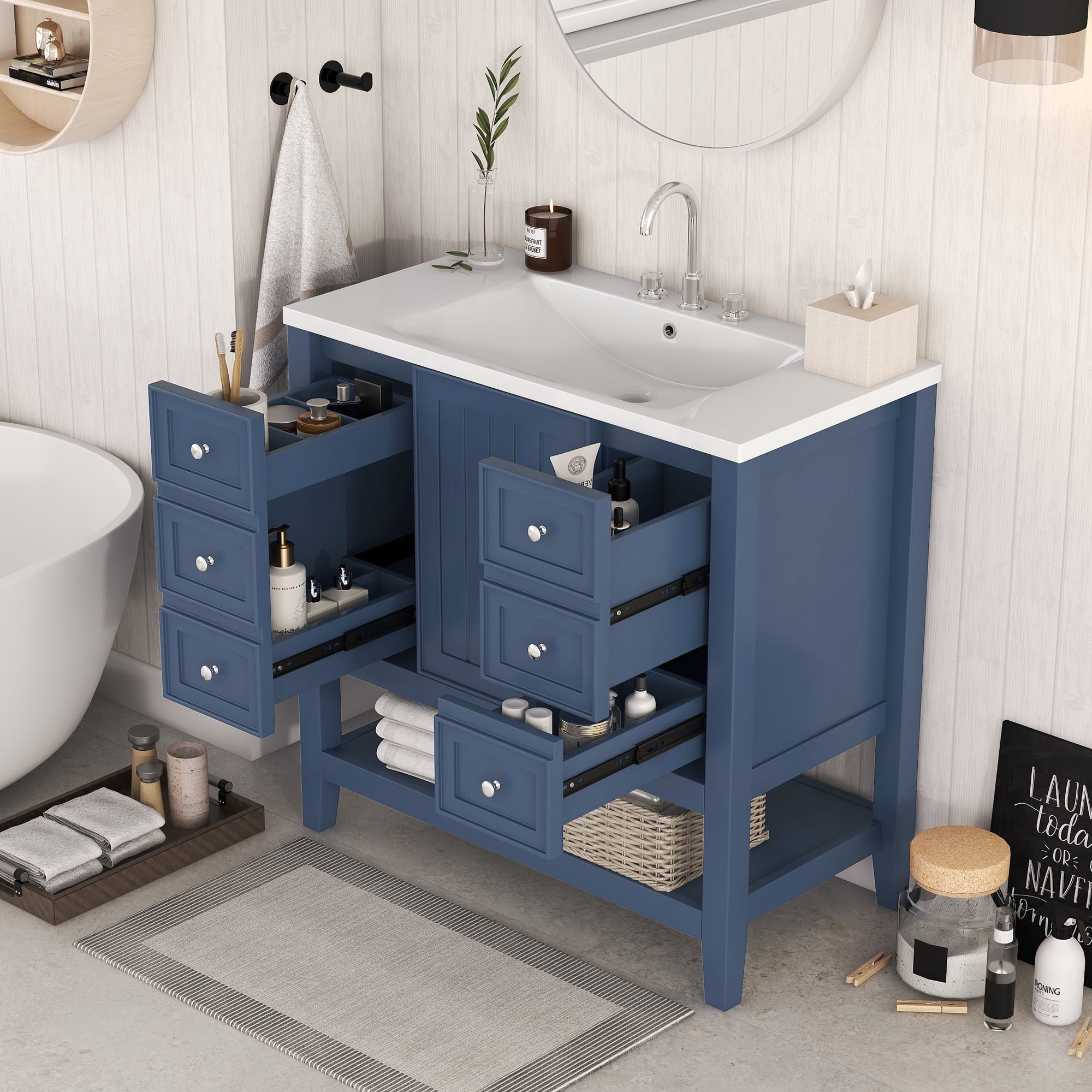 Euroco 36" Freestanding Bathroom Vanity with Ceramic Sink, Cabinet, Drawers & Open Shelf – Solid Wood & MDF Structure